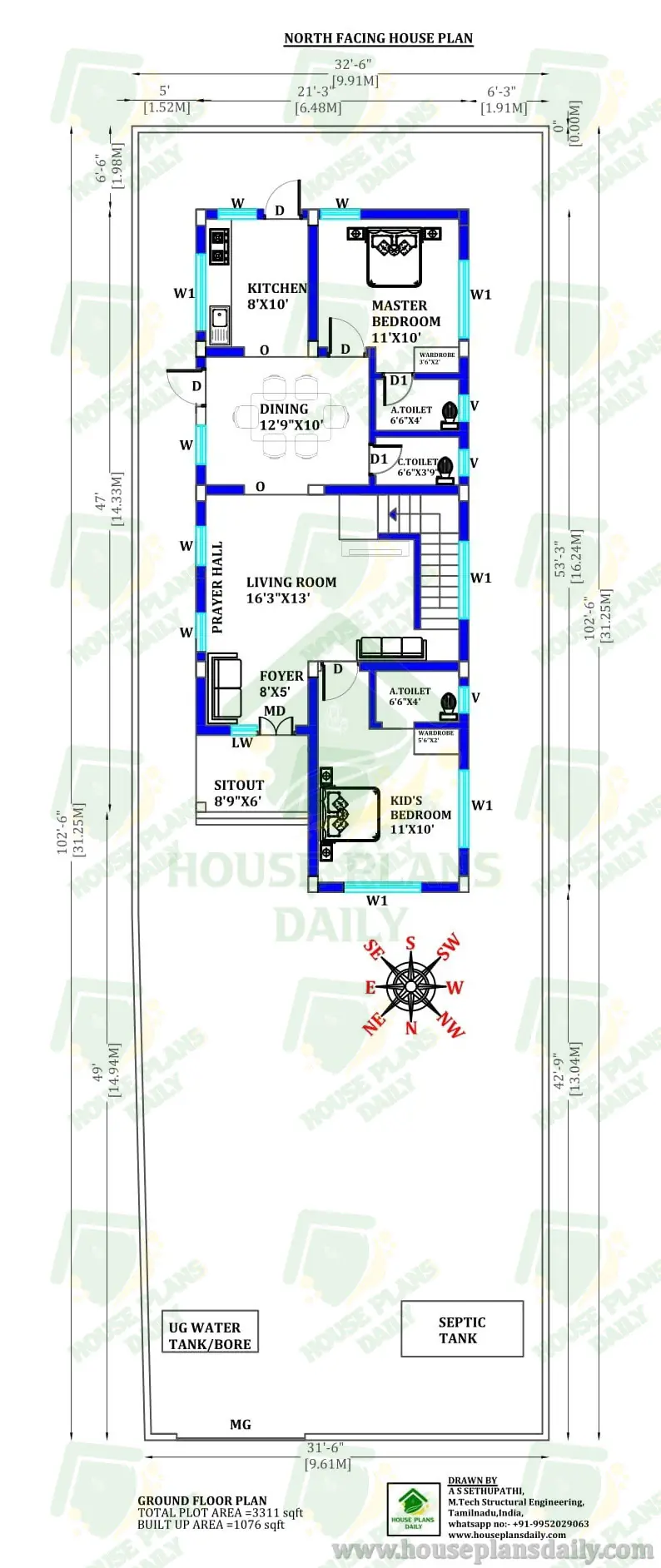 NORTH FACING ARCHITECTURE PLAN | COMPACT 2BHK NORTH DESIGN