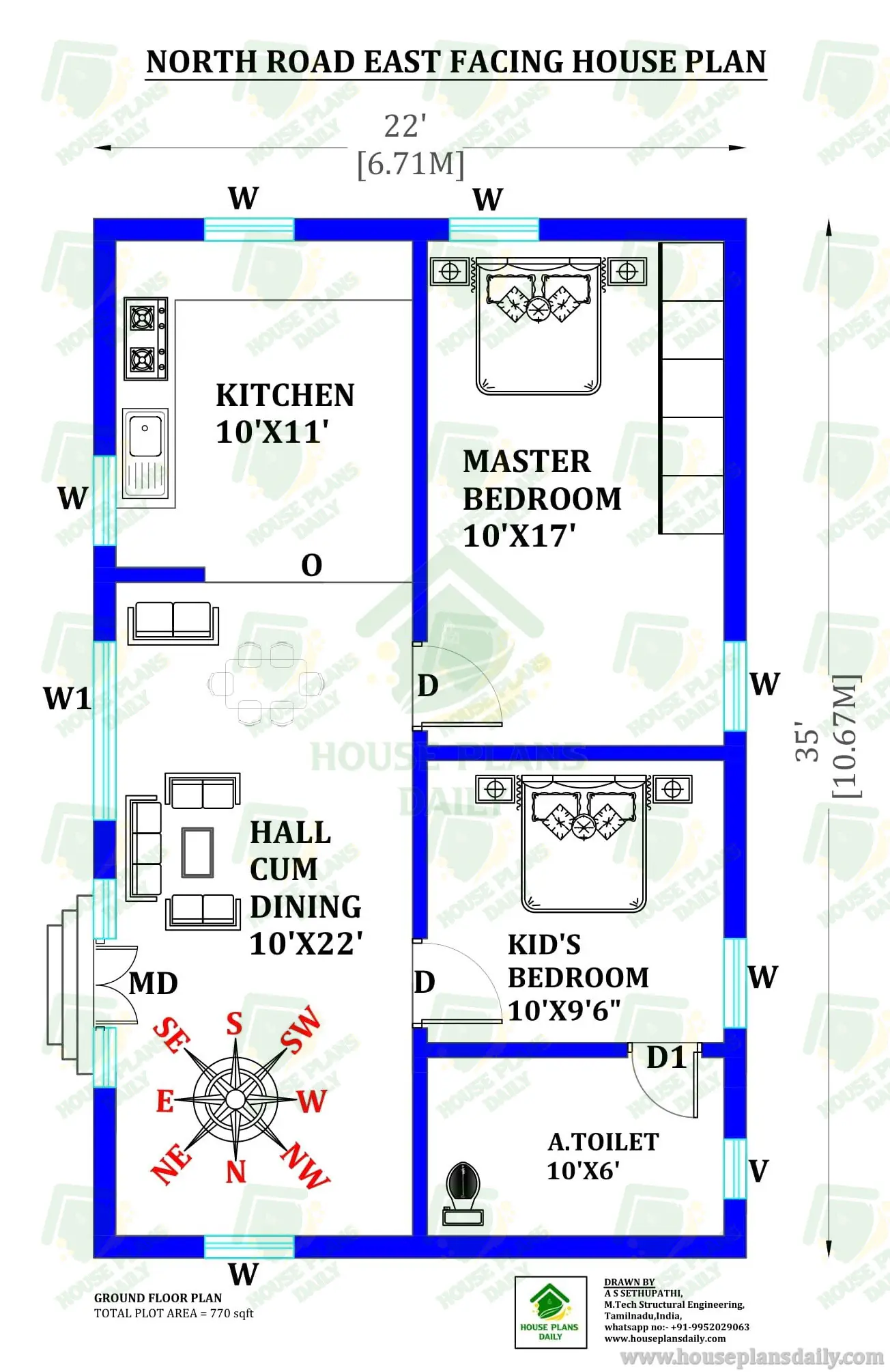 2 BHK EAST FACING HOUSE PLAN |NORTH ROAD HOUSE DESIGN