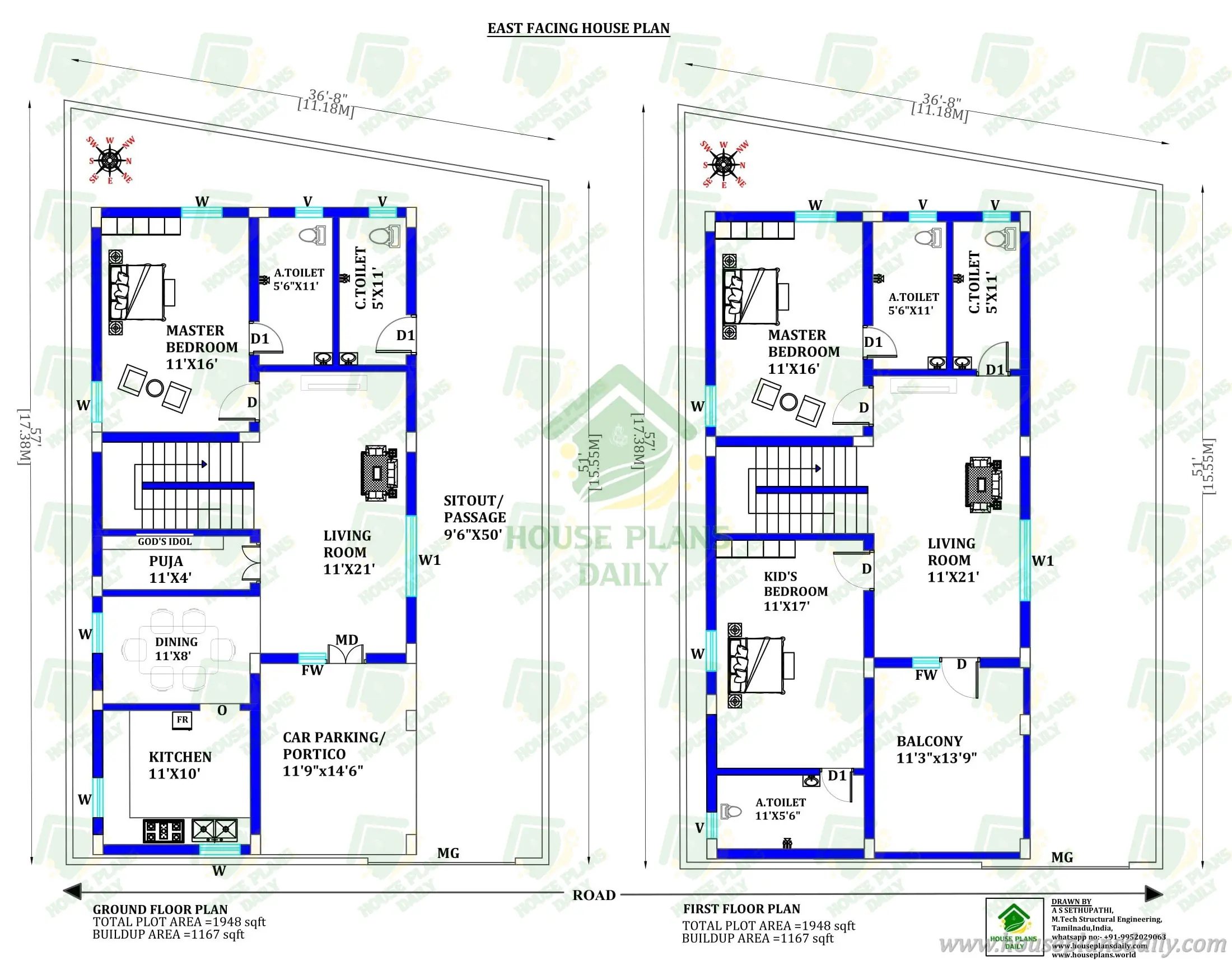 East Facing Duplex House Plan | 2000 Sqft East Facing House Design