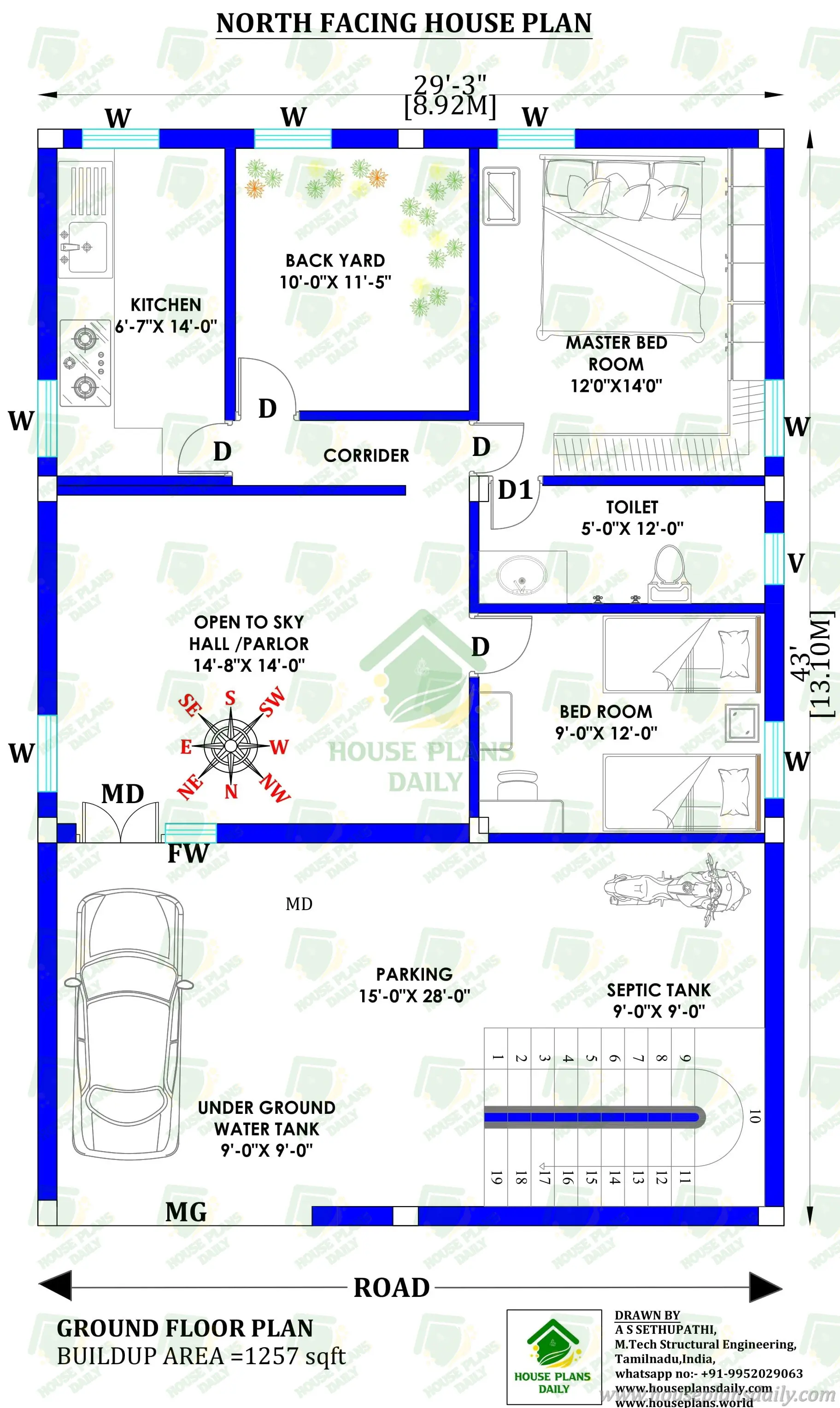 1250 Sqft North Facing House Plan | Single Floor North Facing House Design