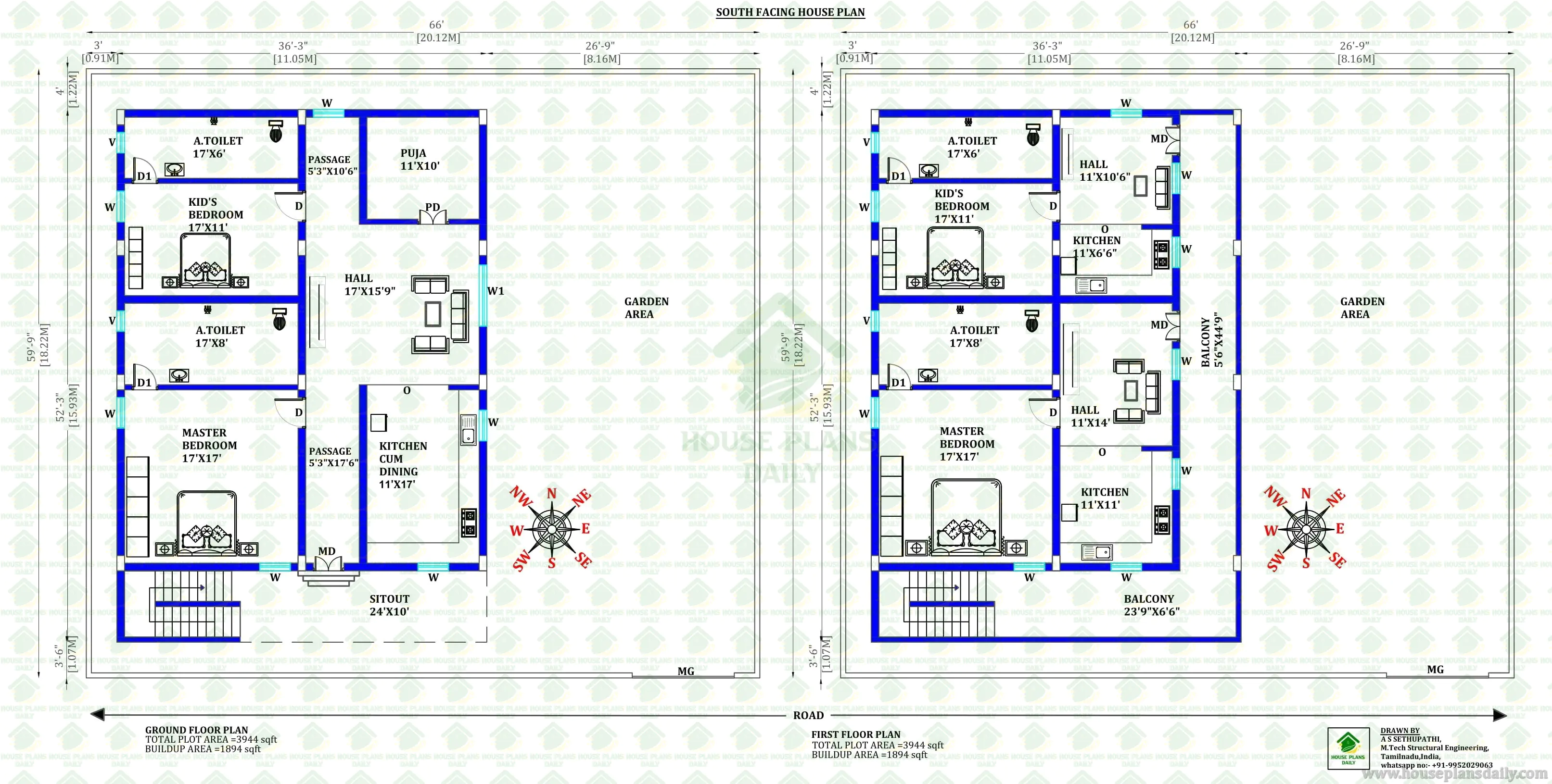 66x59 South Facing 2BHK Two Story House Plan | Vastu