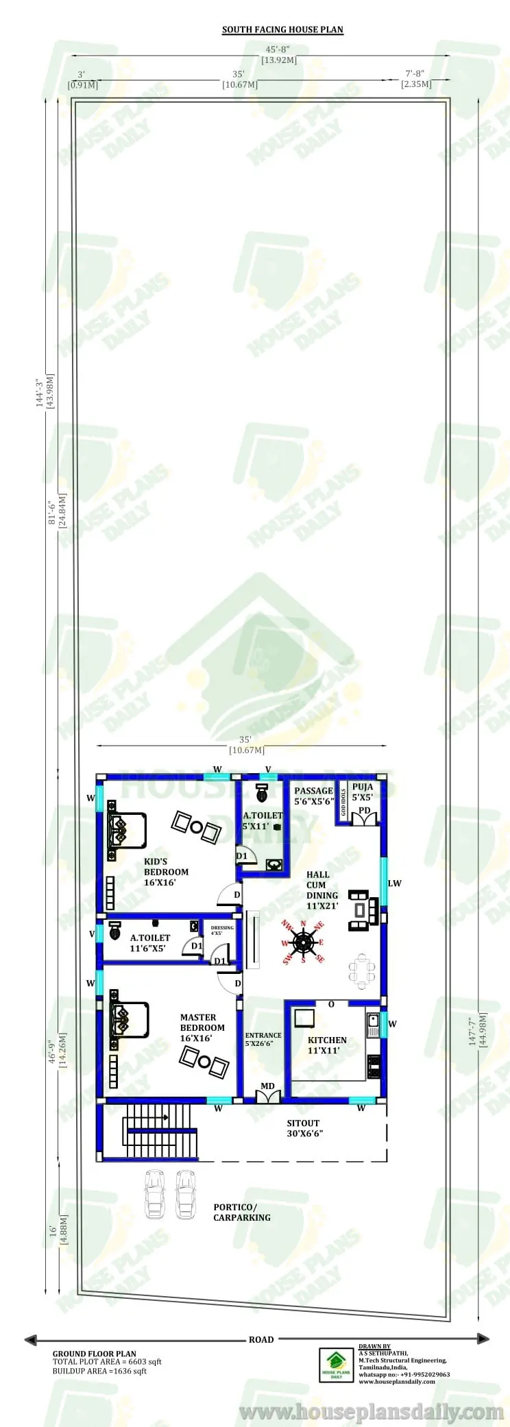 SOUTH FACING 2BHK HOUSE PLAN | CAR PARKING HOUSE DESIGN