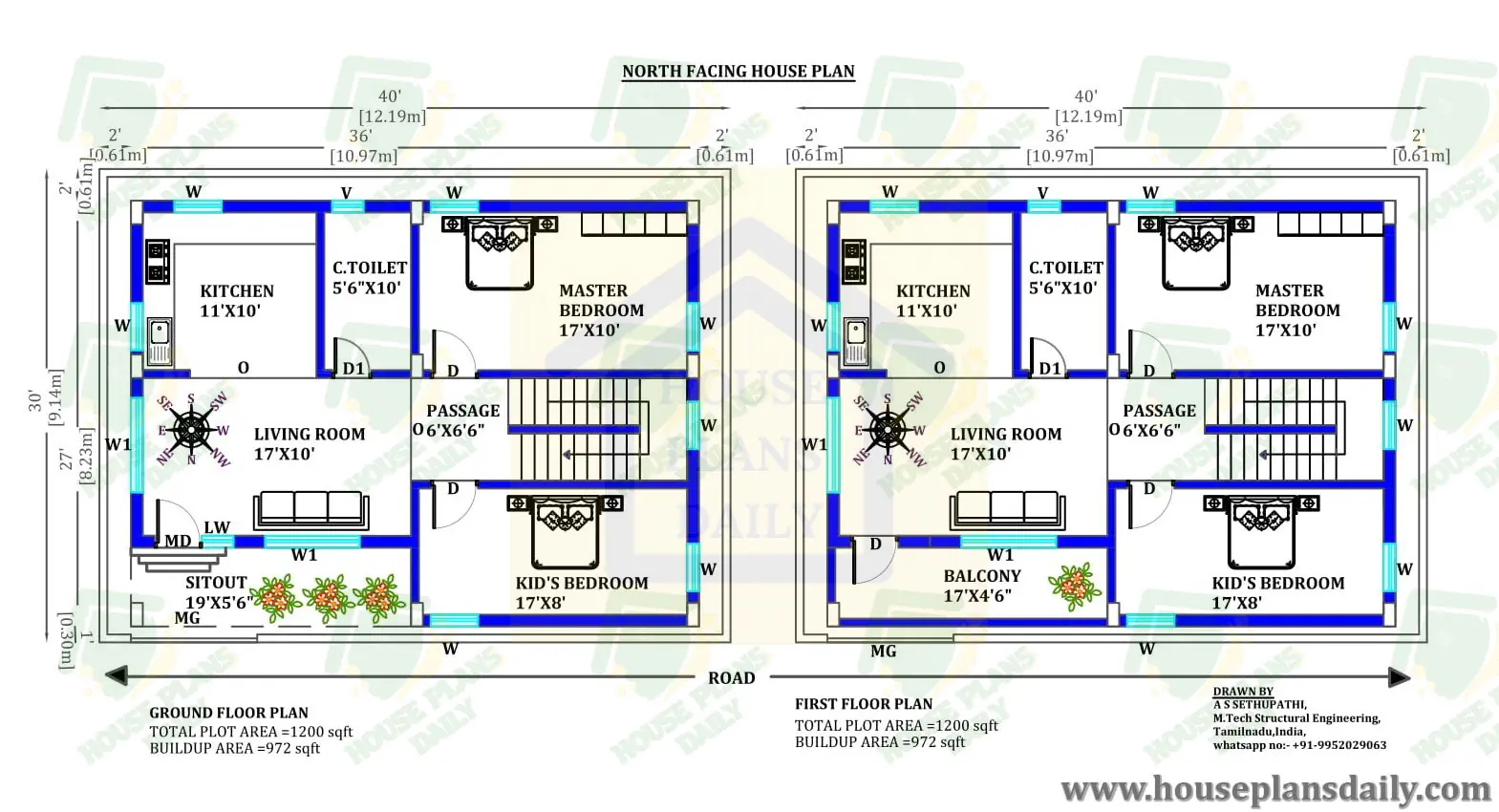 40x30 North Facing House Plan | 40x30 House Plans | North Facing 2BHK House