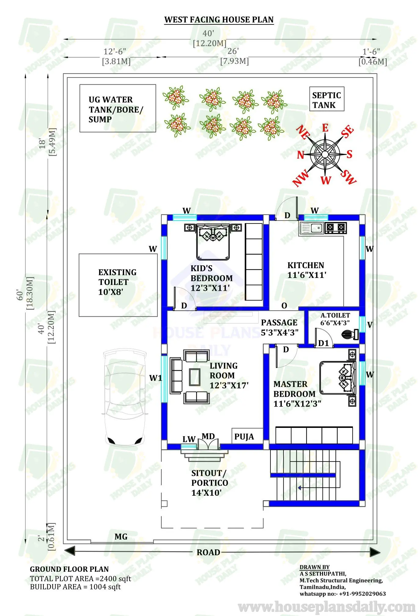 40x60 2bhk west facing house plan