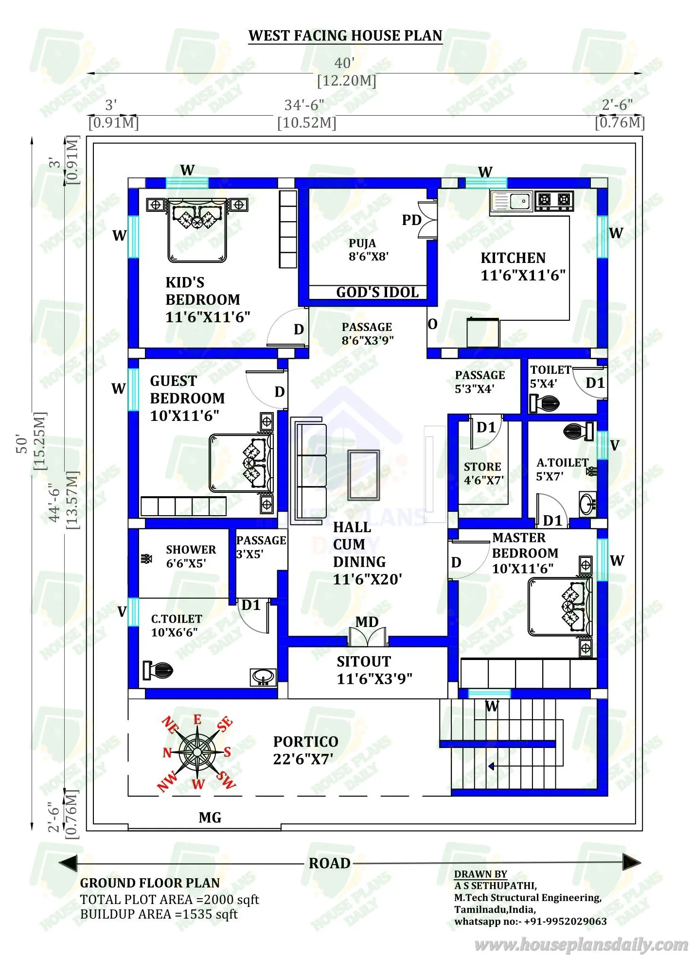 40x50 House Plan | 3 Bedroom Home | West Facing House
