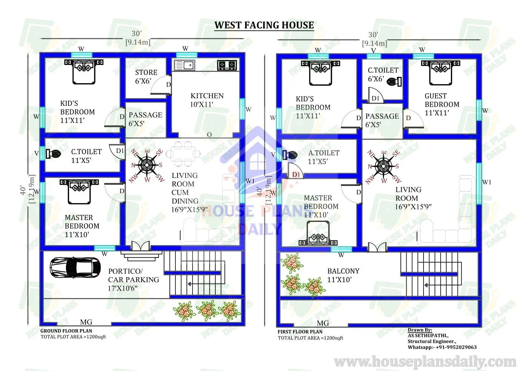 30x40 West Facing Vastu House Design