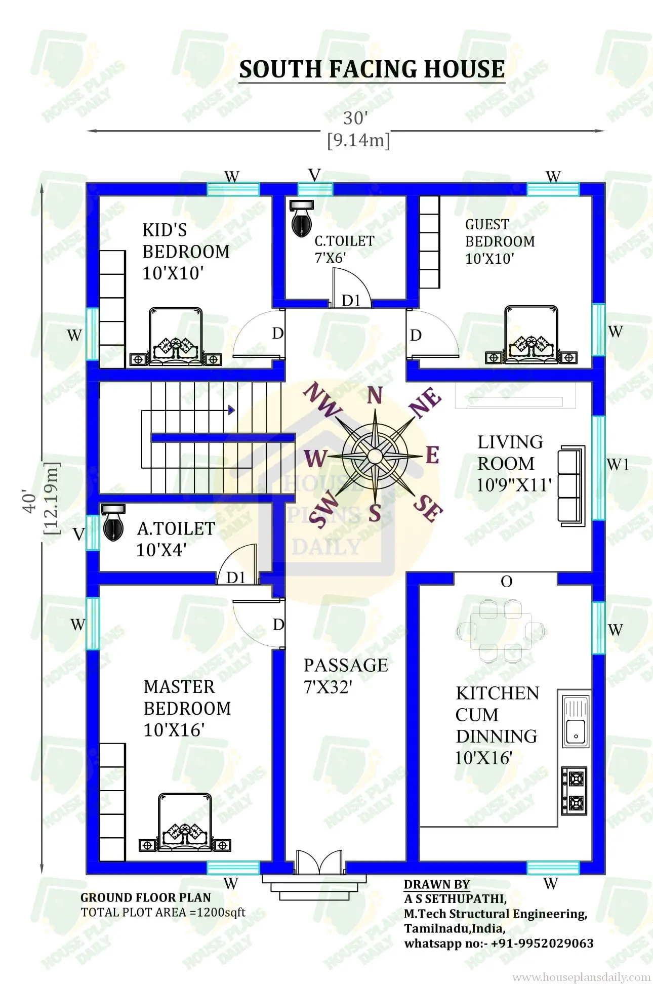 House Planning 30x40 | South Face House Vastu | 3bhk House