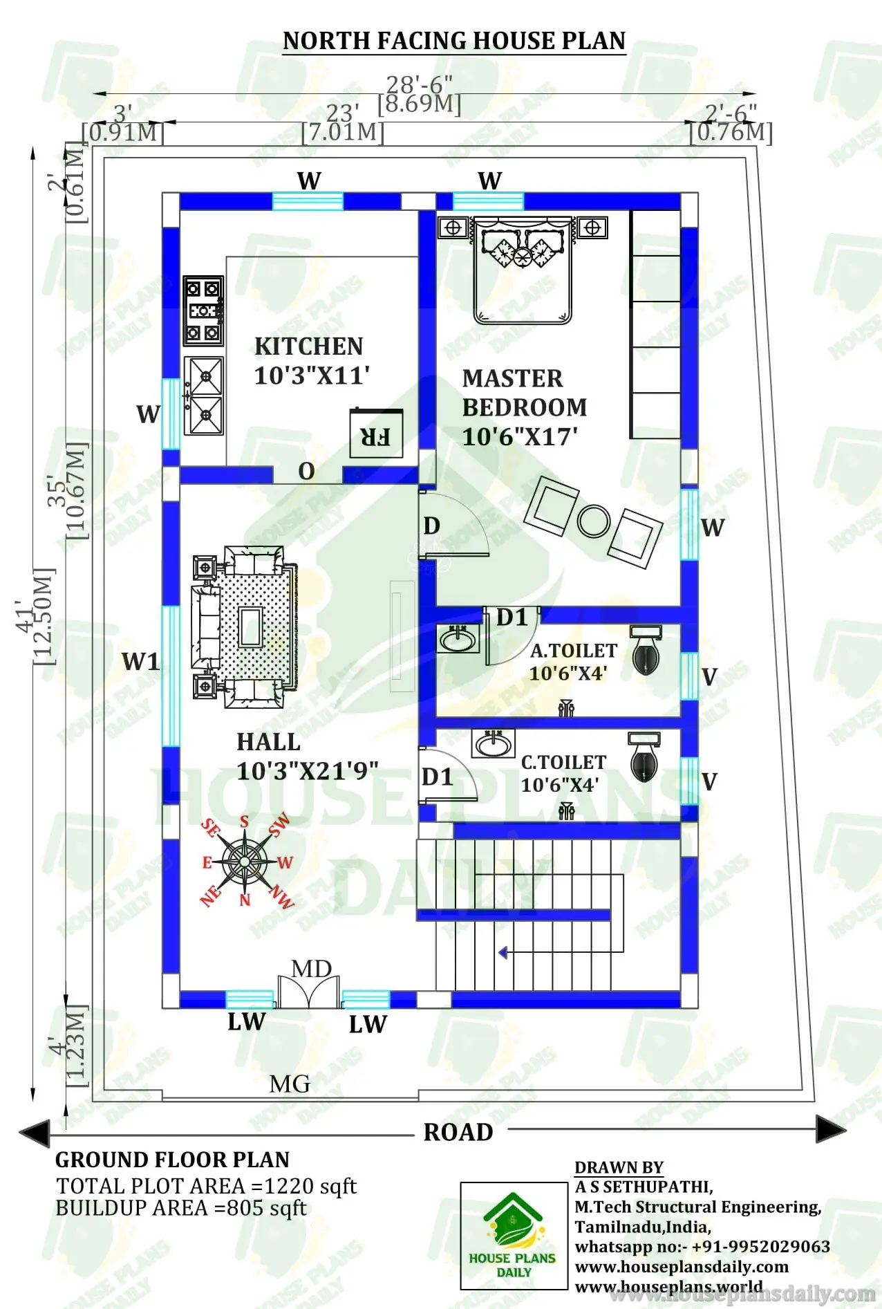 North Facing 1 BHK Ground Floor House Plan | 1220 Sq Ft Plot | 800 Sq Ft Built-Up