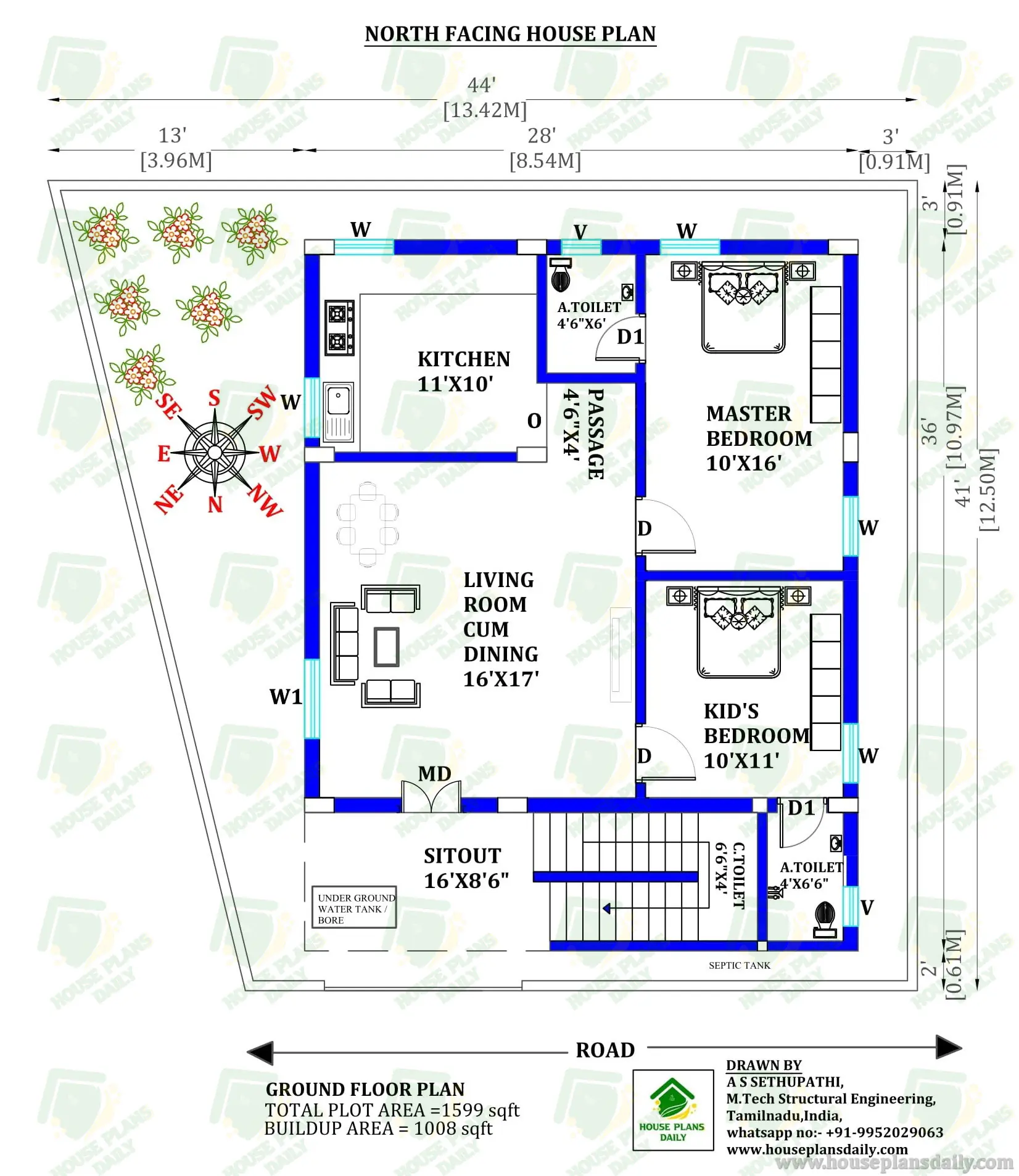 NORTH FACING FLOOR PLAN WITH VASTU | HOUSE PLAN UNDER 1600 SQ FT