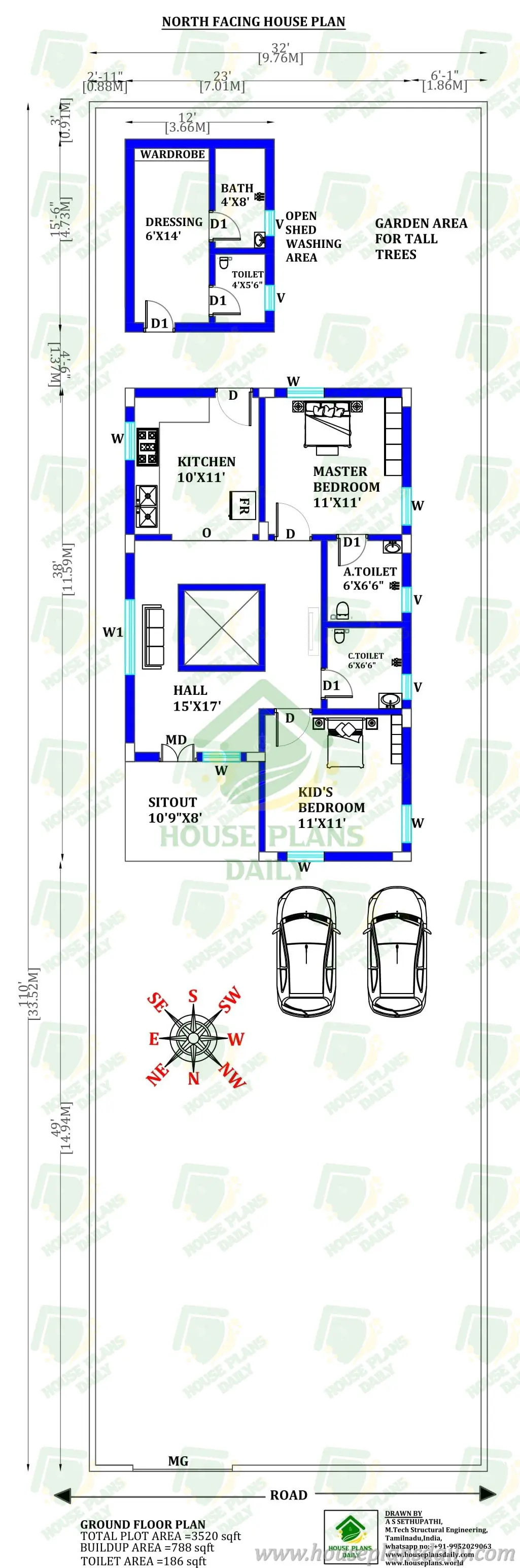 North Facing 2bhk House Plan | 2 Bedroom Single Floor House Plan