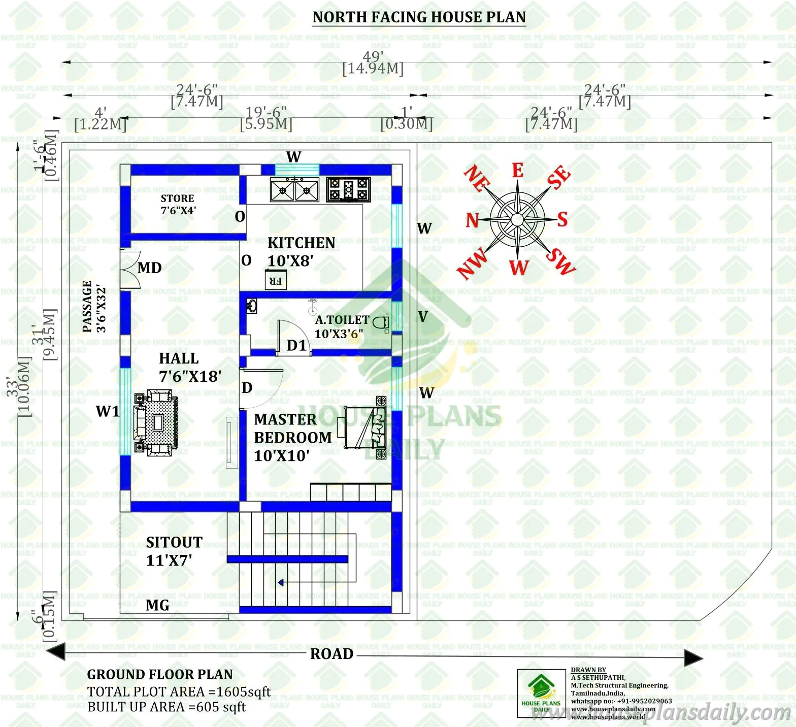 North Facing 1BHK House Plan | 1600 Sq Ft Vastu Ground Floor Design