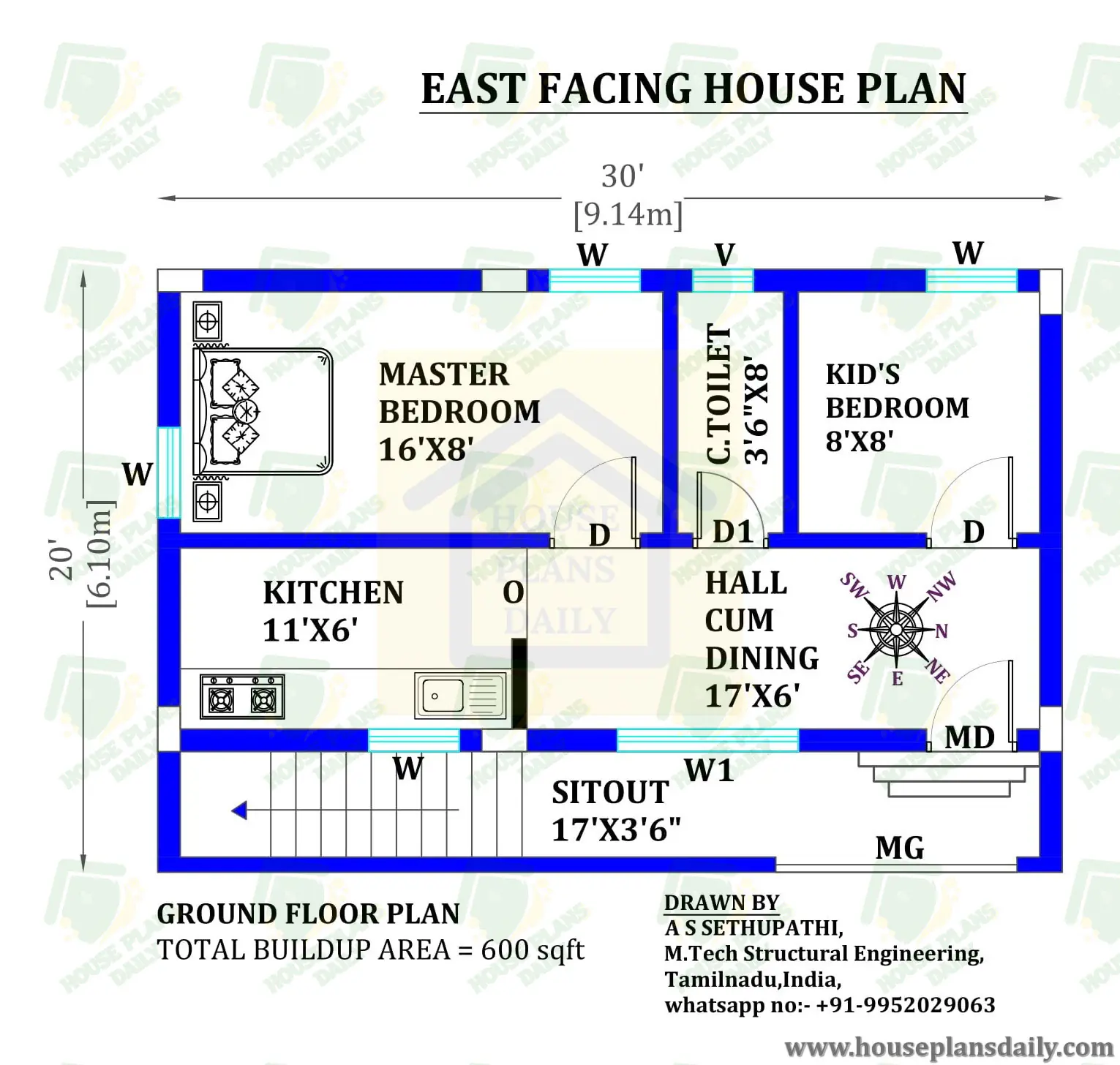 30x20 East facing House Plan as per Vastu