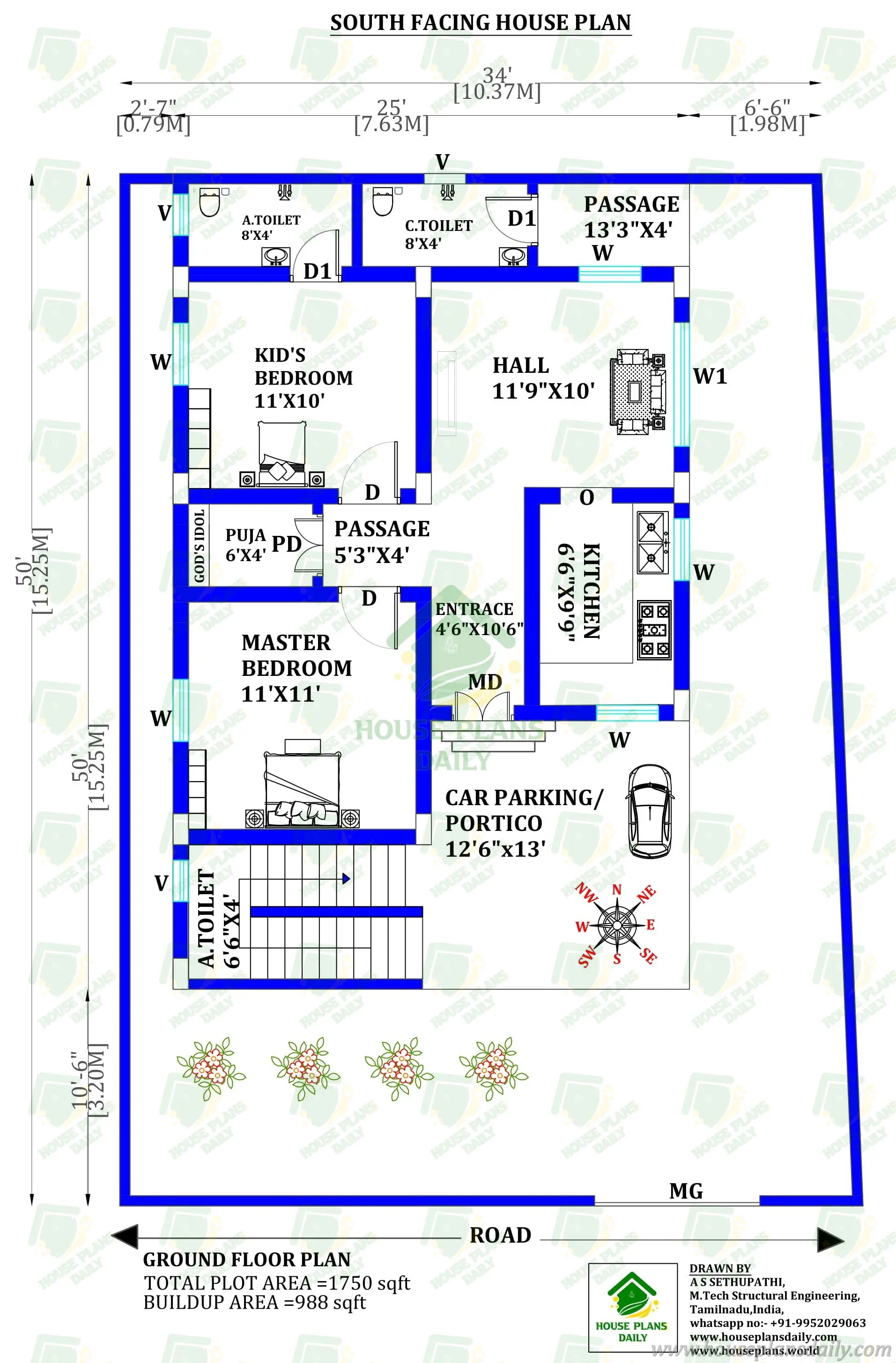 Modern Single Floor House Layout with Car Parking | South Facing Vastu Plan