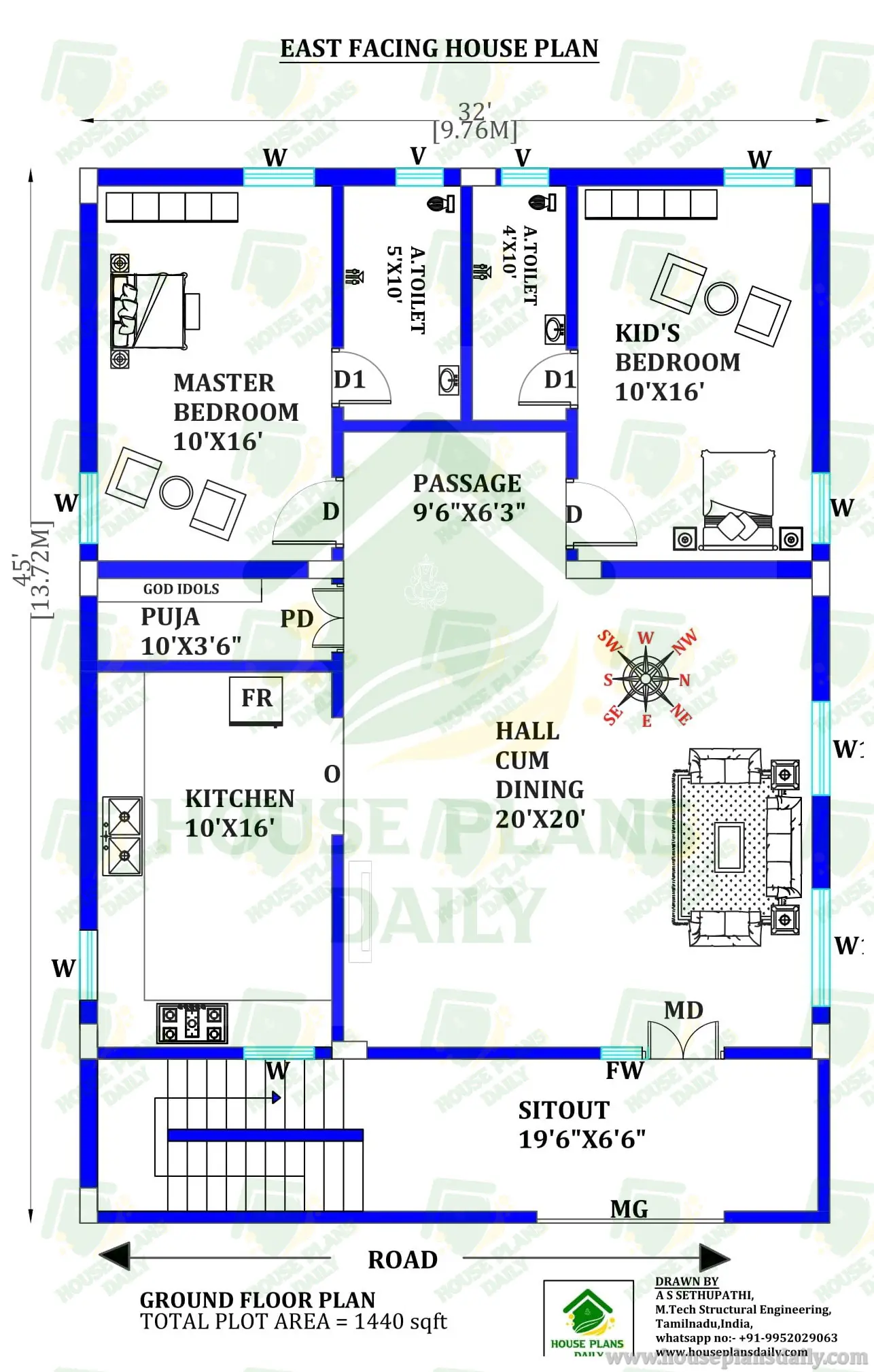 2bhk East Facing Floor Plan | Single Floor House Plan India