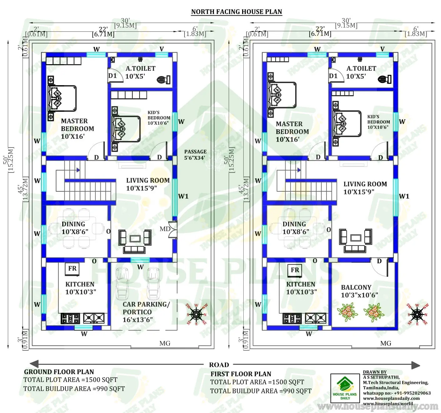 30x50 House Plan | Duplex House Plan | 4BHK North Facing House Plan