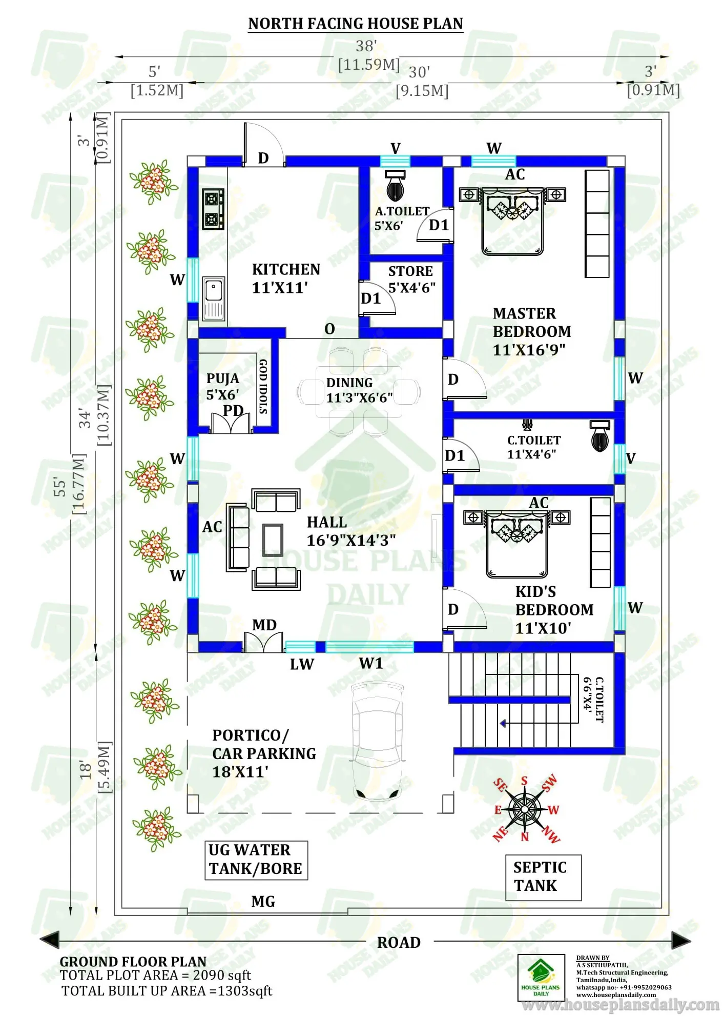 38X55 NORTH FACING HOUSE PLAN | SMALL NORTH FACING 2 BEDROOM HOUSE