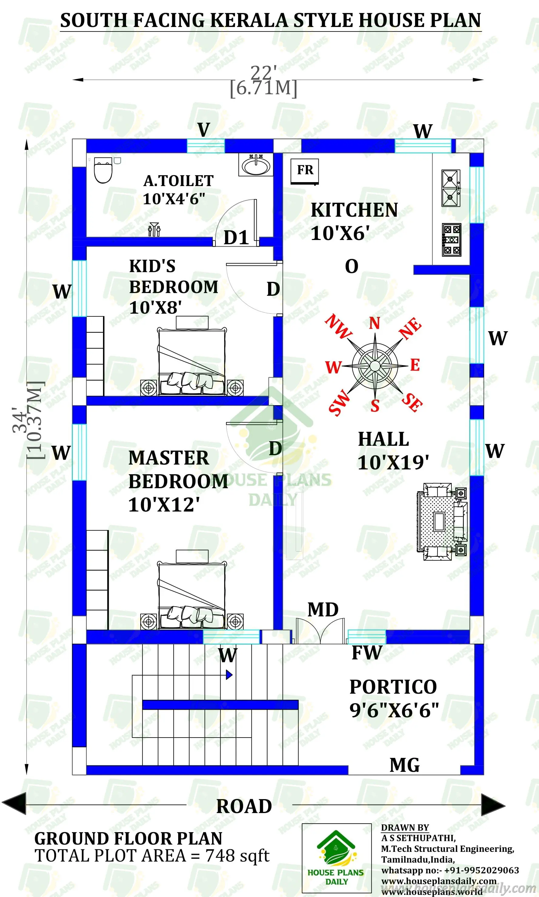 South Facing Kerala House Design | 2BHK Single Floor House Plan with Vastu