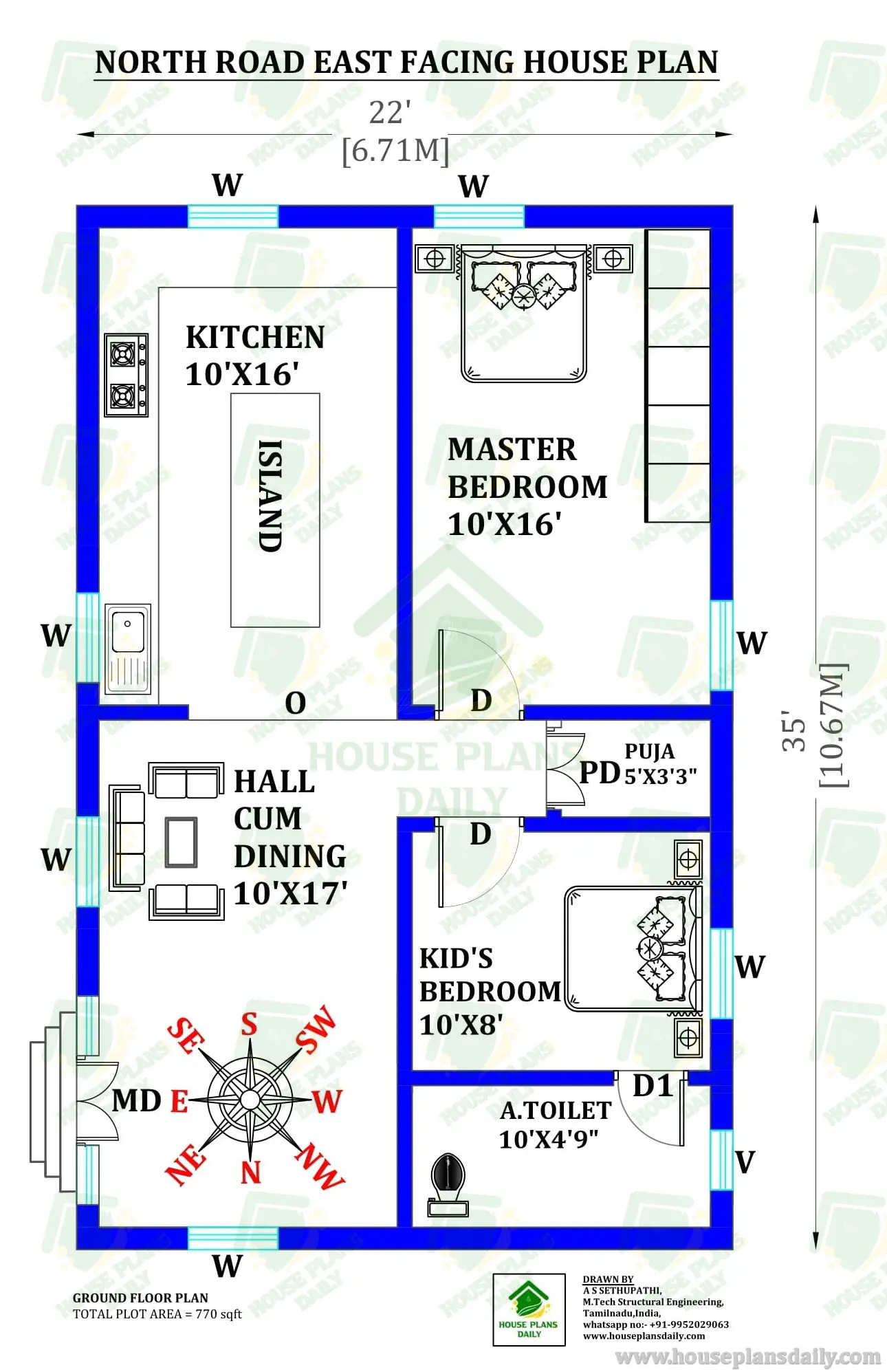 EAST FACING 2 BHK HOUSE PLAN | SIMPLE FLOOR PLAN