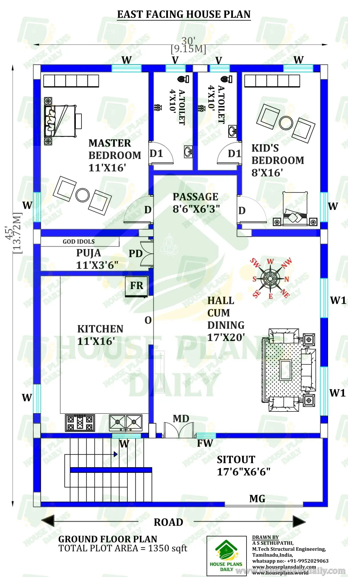 East Facing 30x45 House Plan | 1350 Sq Ft Ground Floor Plan