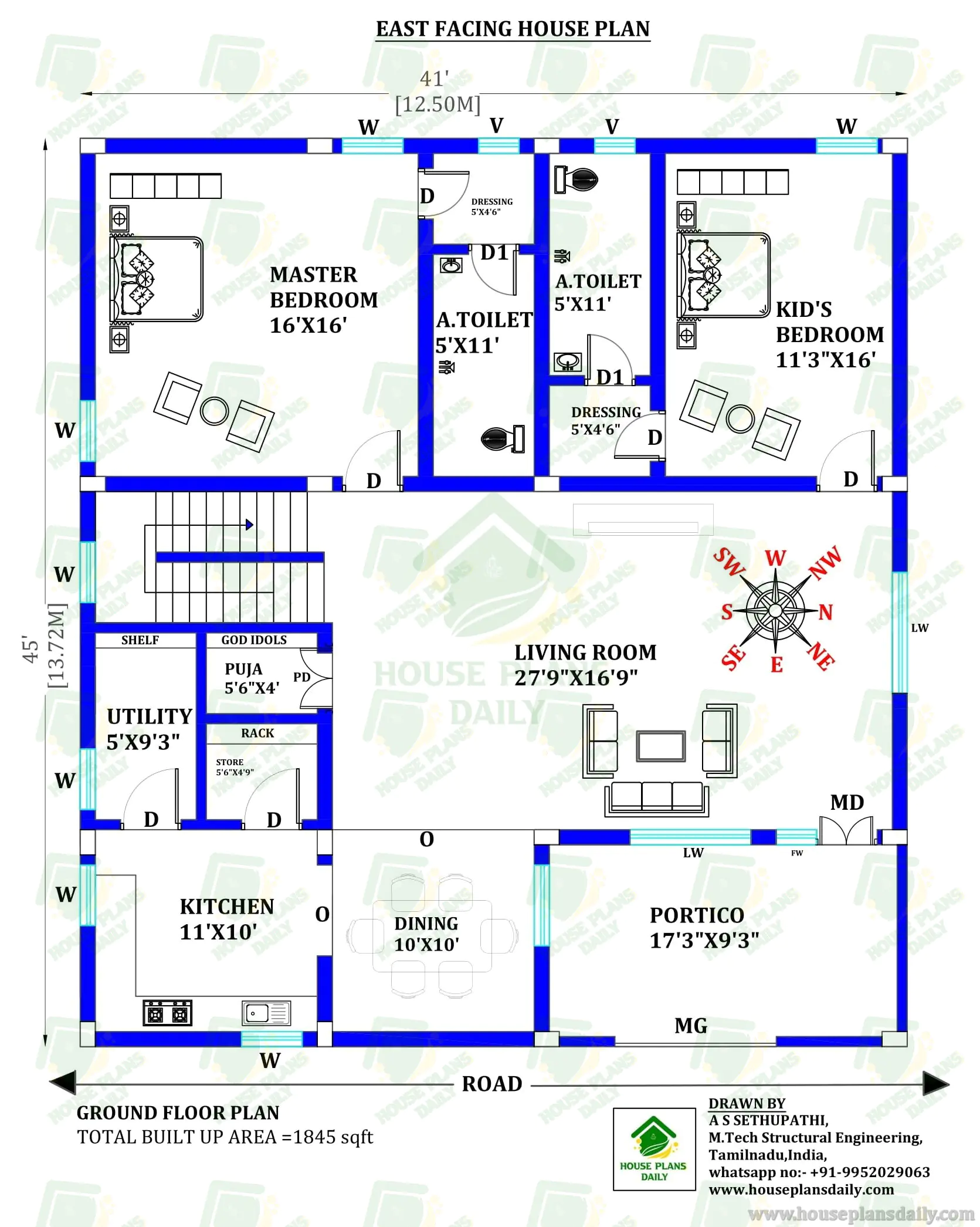 45x40 East Entry Single Storey House Design with Portico
