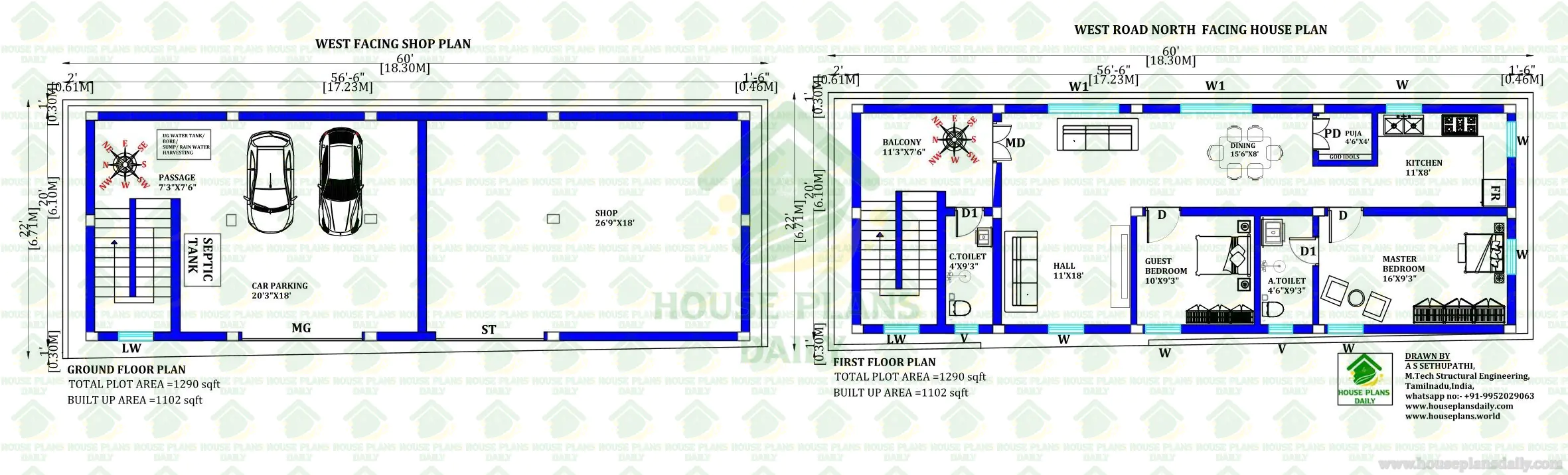 West Facing Shop with North Facing 2BHK House Plan