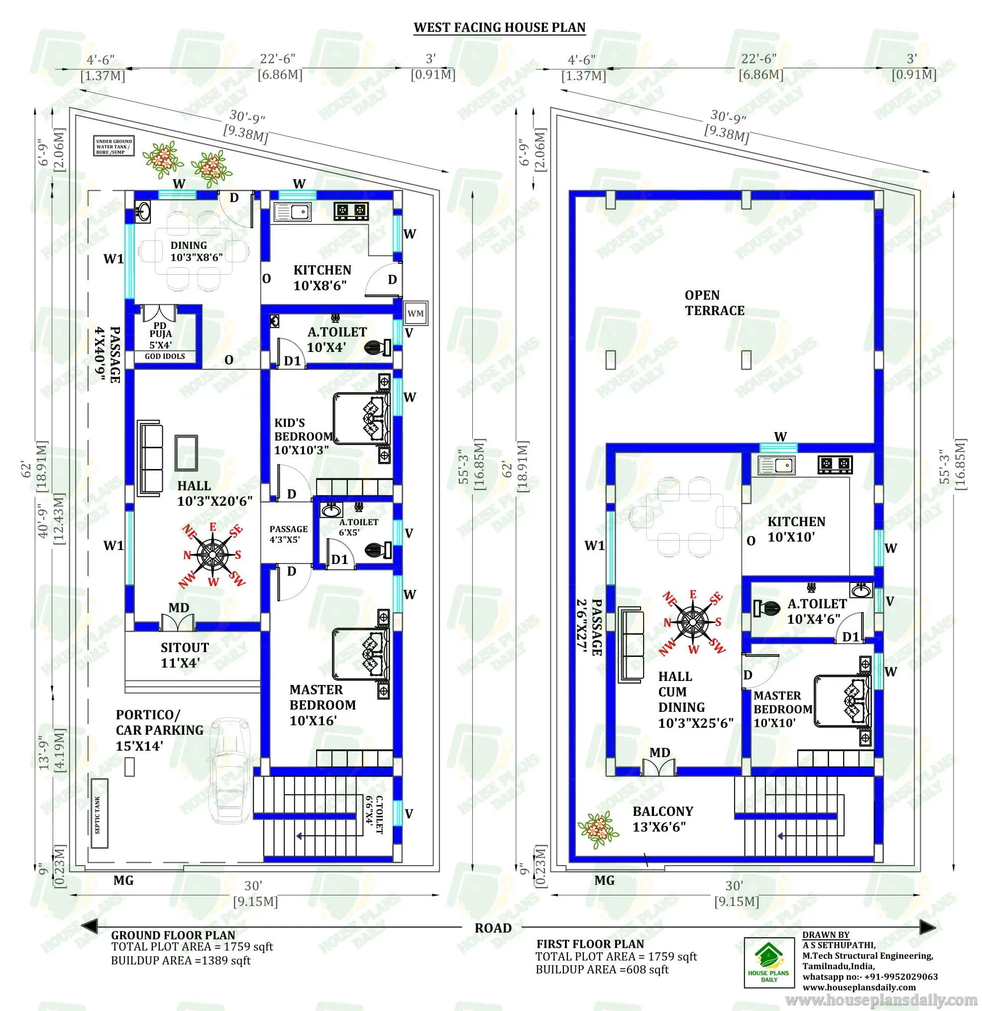 COMPACT 1 BHK HOUSE | WEST FACING 2 BHK HOUSE PLAN