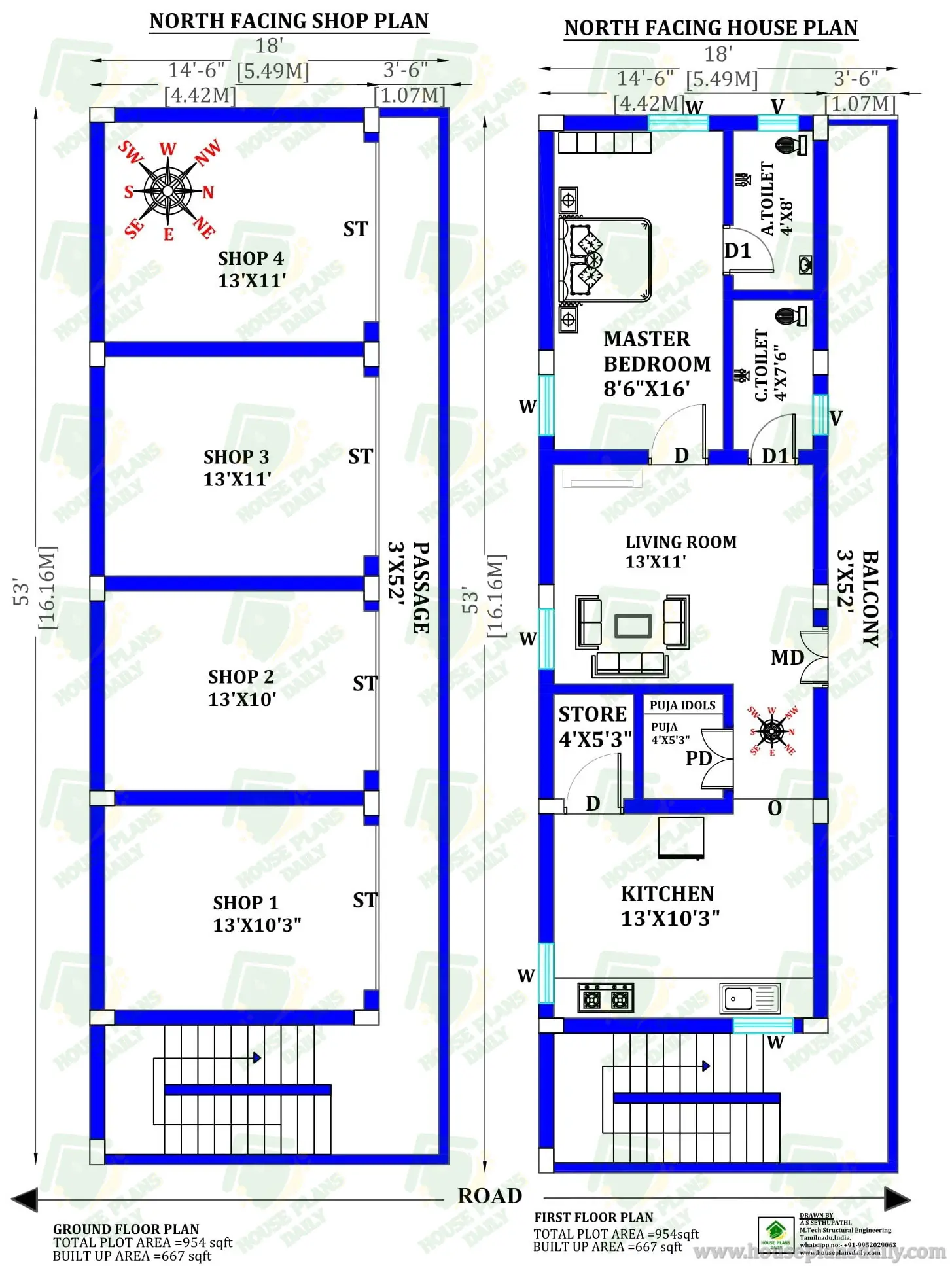 NORTH FACING HOUSE PLAN WITH SHOP | SHOP AND HOUSE COMBO PLAN