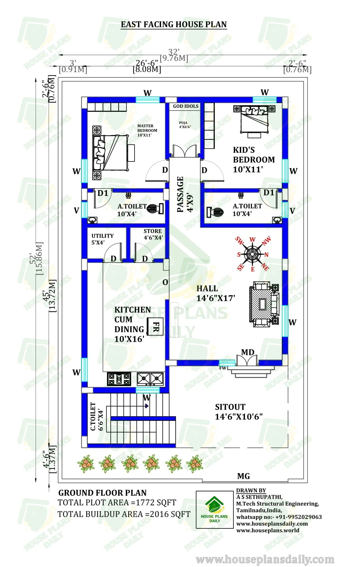 East Facing Ground Floor Plan | 2 Bedroom House