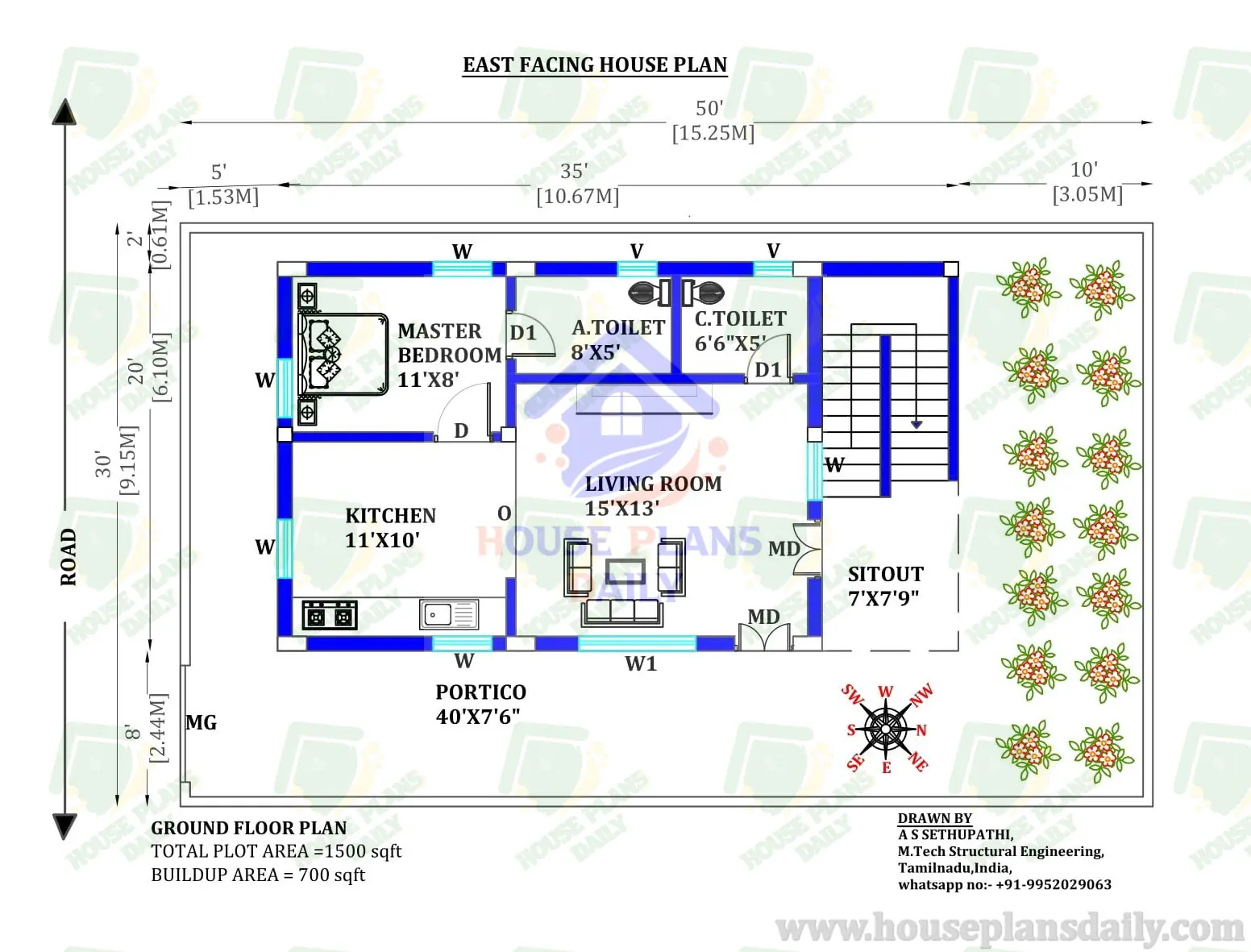 House Plan Drawing 1500 Sq ft | East Facing House Plan with Vastu