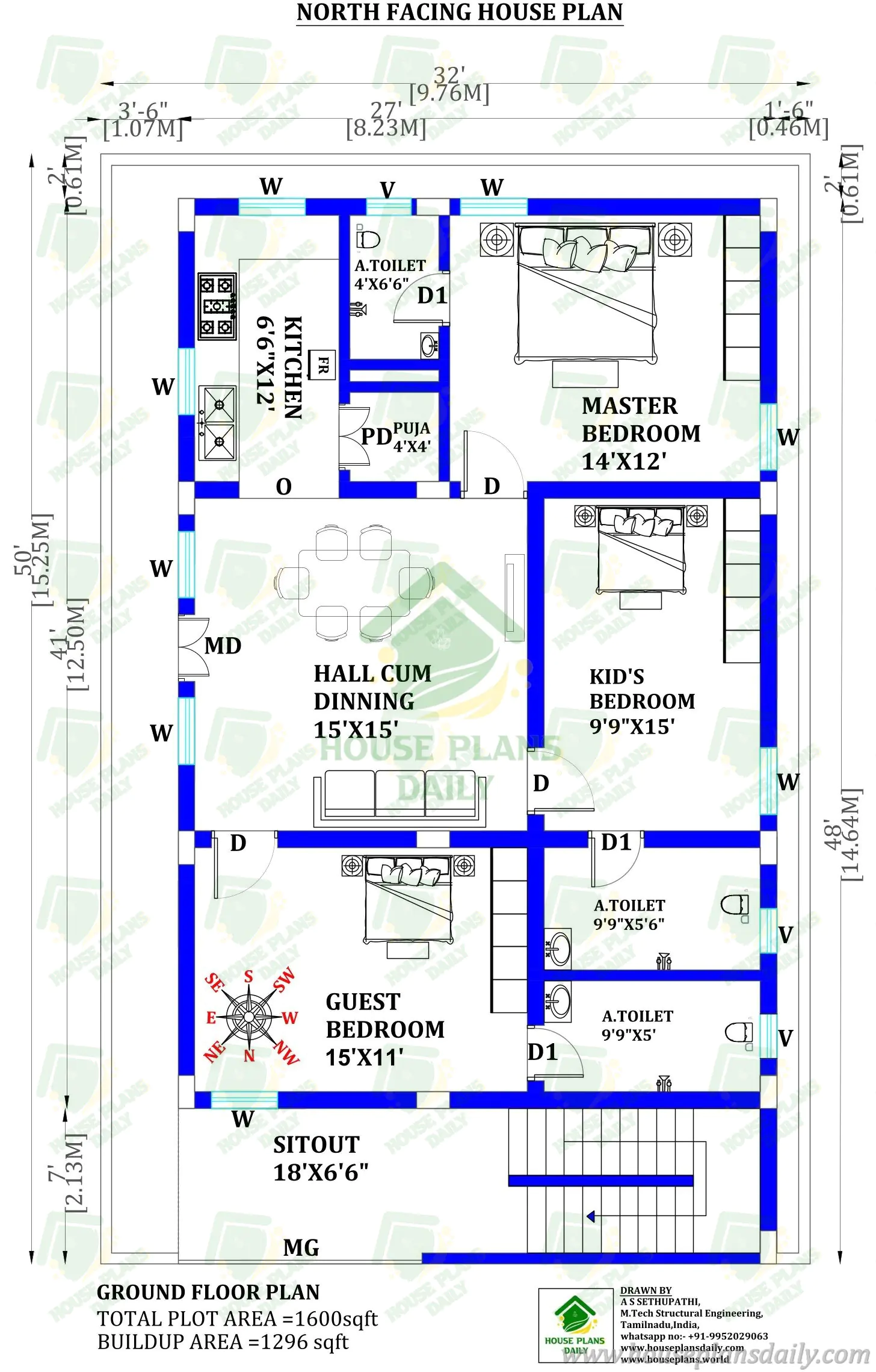 1600 Sqft Ground Floor Layout with Vastu and Dimensions | 32x50 North Facing 3BHK House Plan