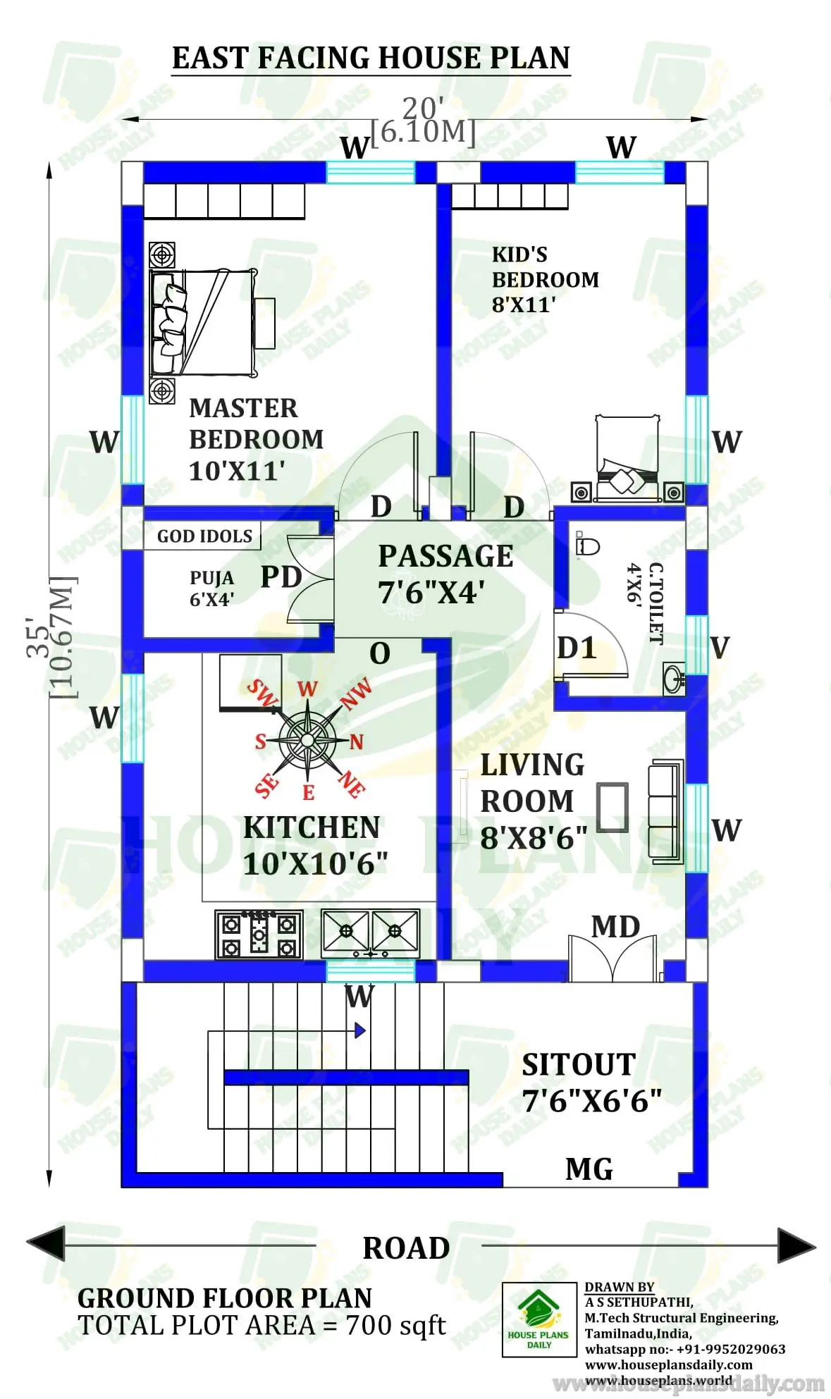 East Facing 700 Sq Ft House Plan | Compact 2BHK Ground Floor Design