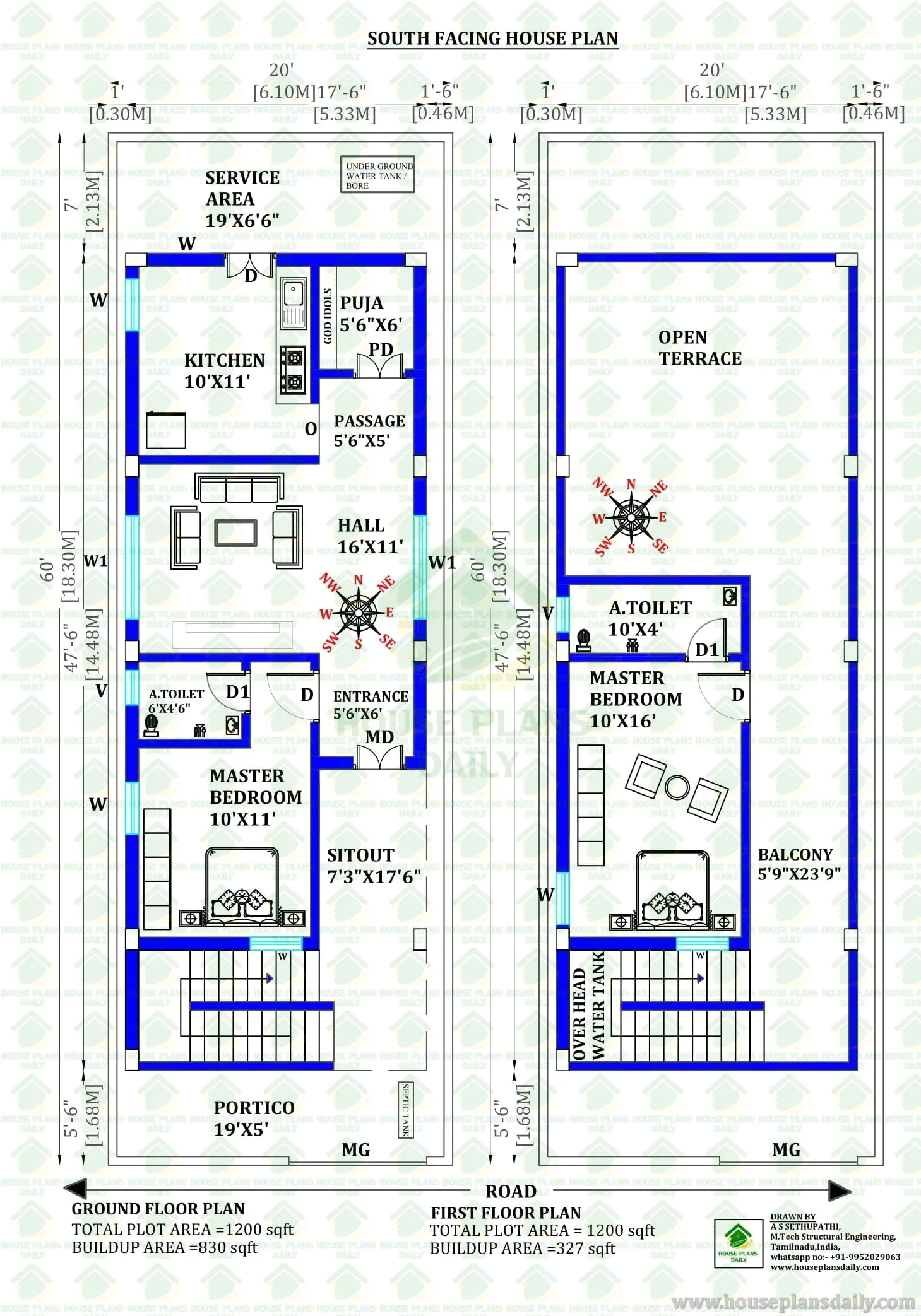 20x60 South Facing 2BHK House Plan | 1200 Sqft Two Story Vastu Home