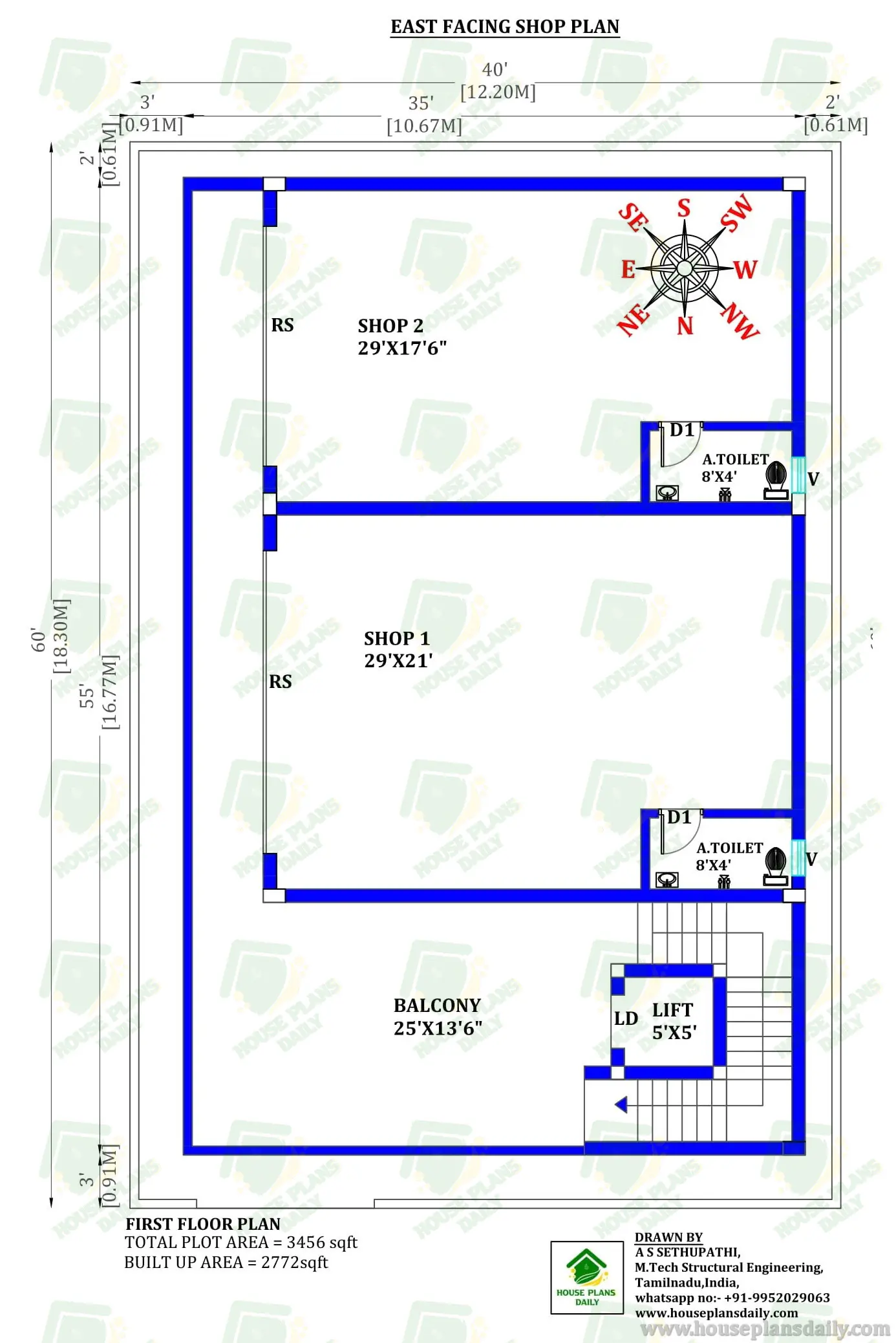 COMMERCIAL AND RESIDENTIAL BUILDING PLANS | EAST FACING SHOP PLAN