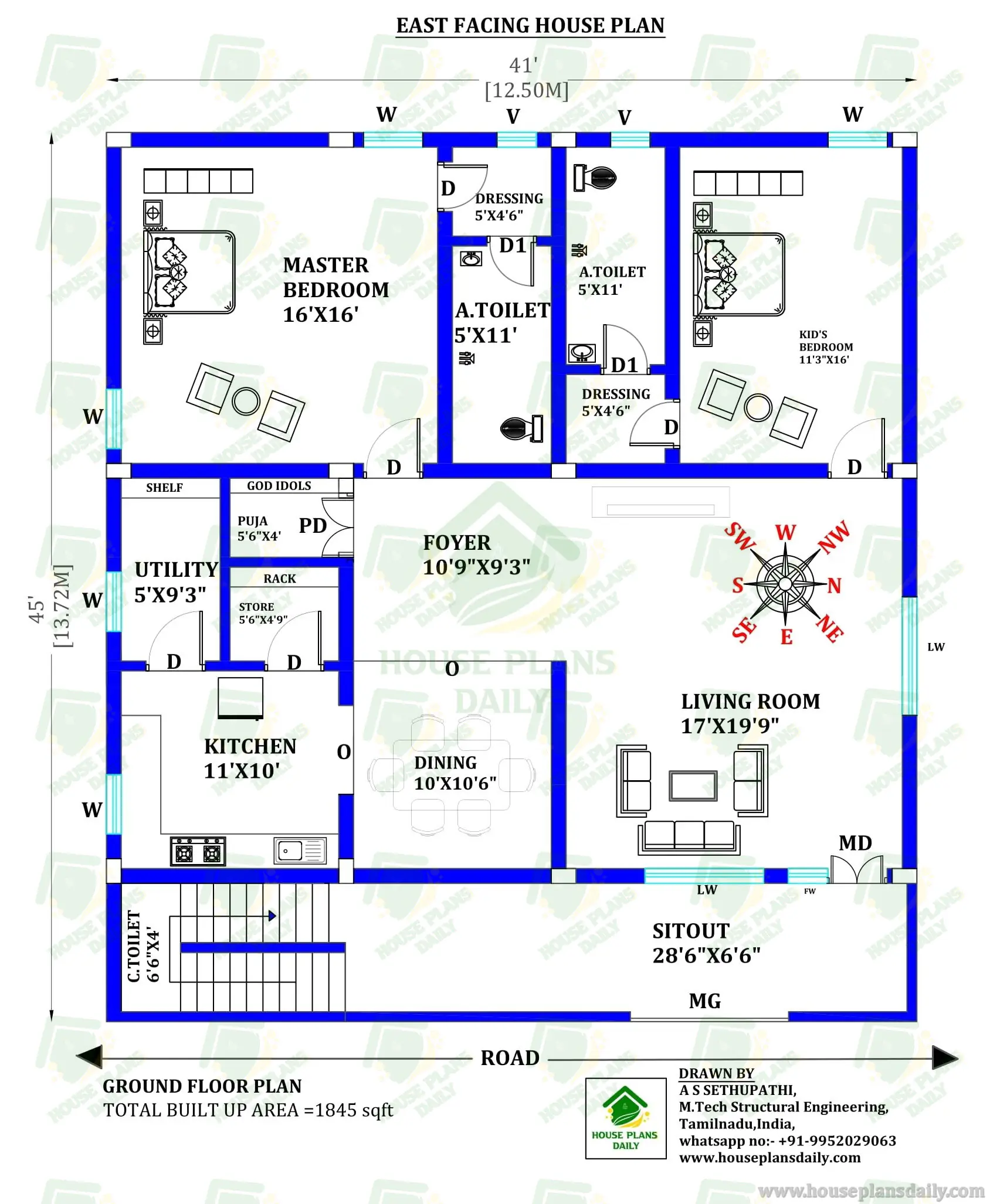 East Facing Ground Floor House Plan | 2BHK 1800 Sq Ft Spacious Layout