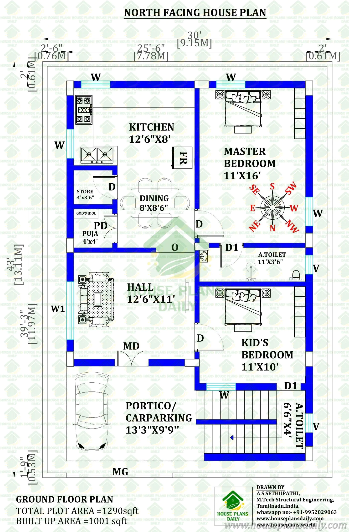 30x43 North Facing 2BHK Ground Floor House Plan | 1000 Sq Ft Vastu Design