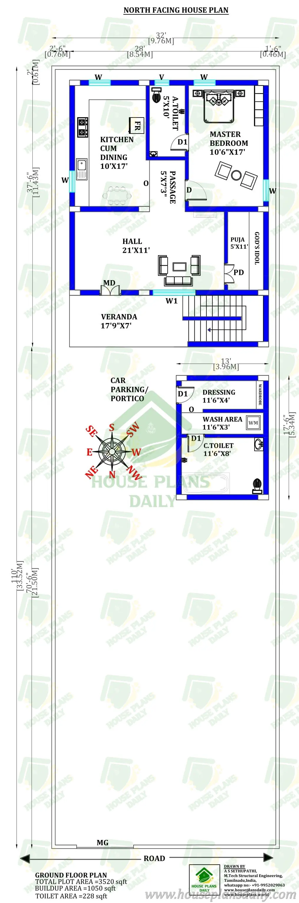 1bhk North Facing House Plan | Single Storey North Home Plan