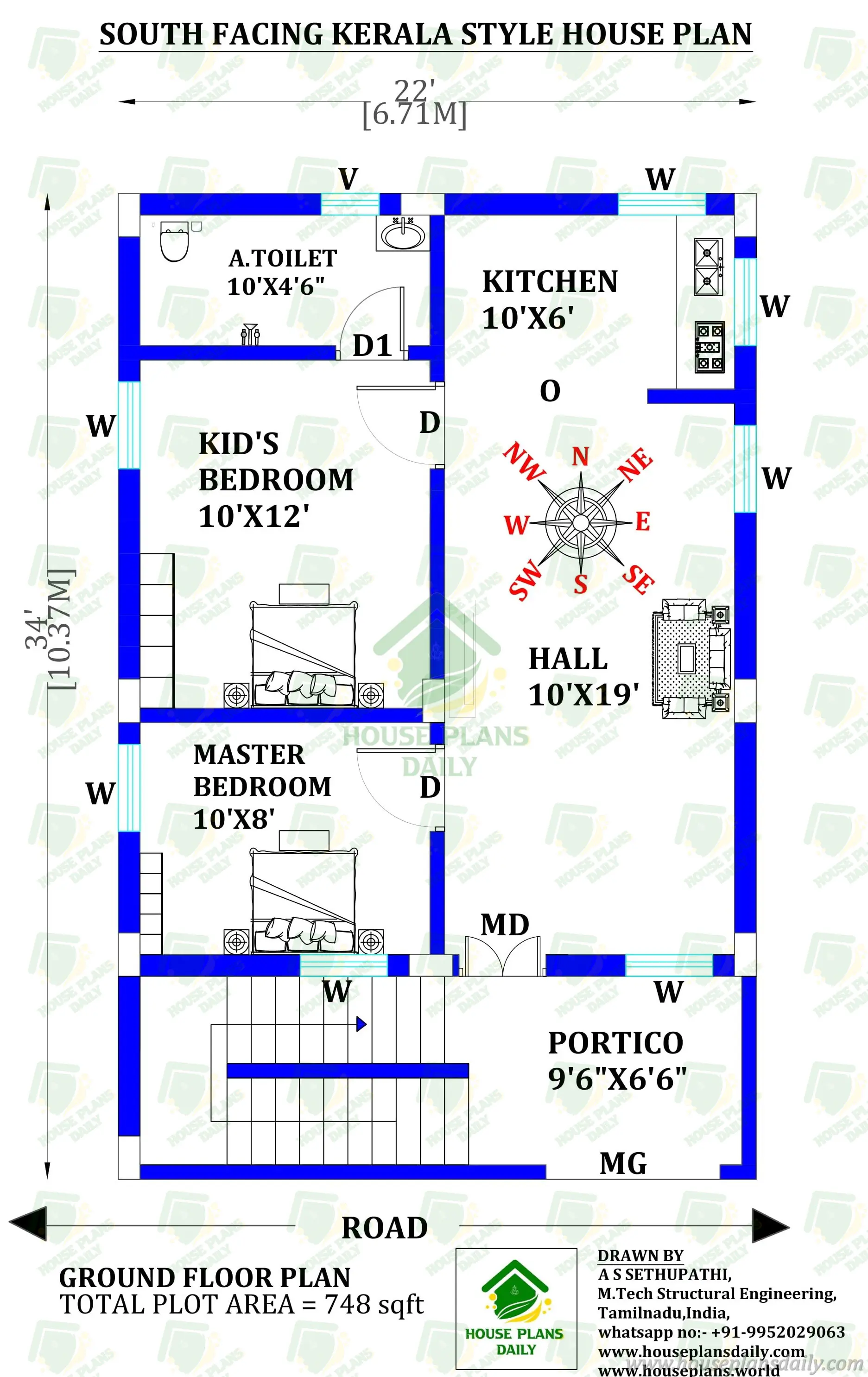 South Facing Kerala Style House Plan | 748 Sqft South Facing 2BHK House Plan