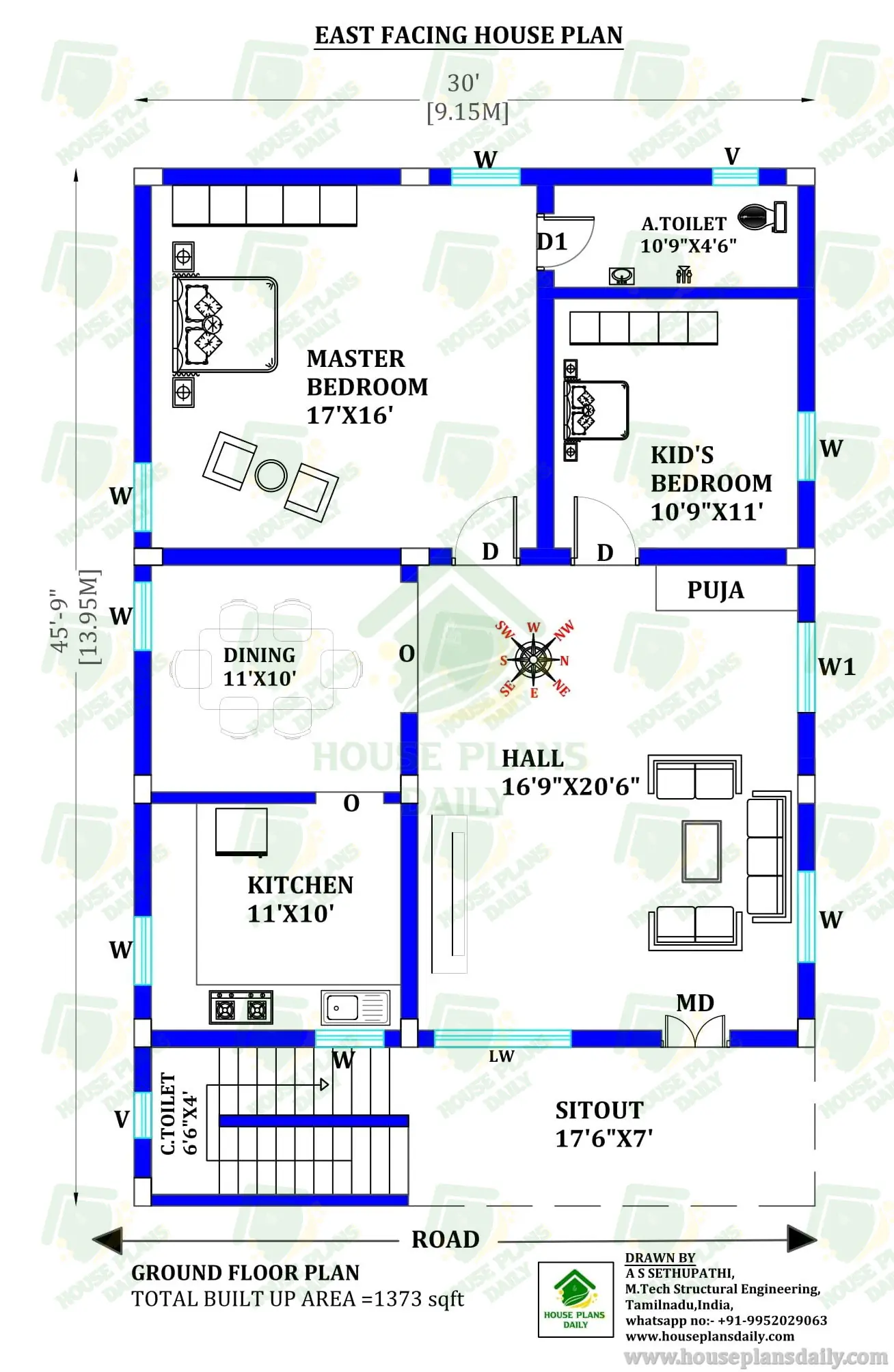 East-facing ground floor 2BHK house plan