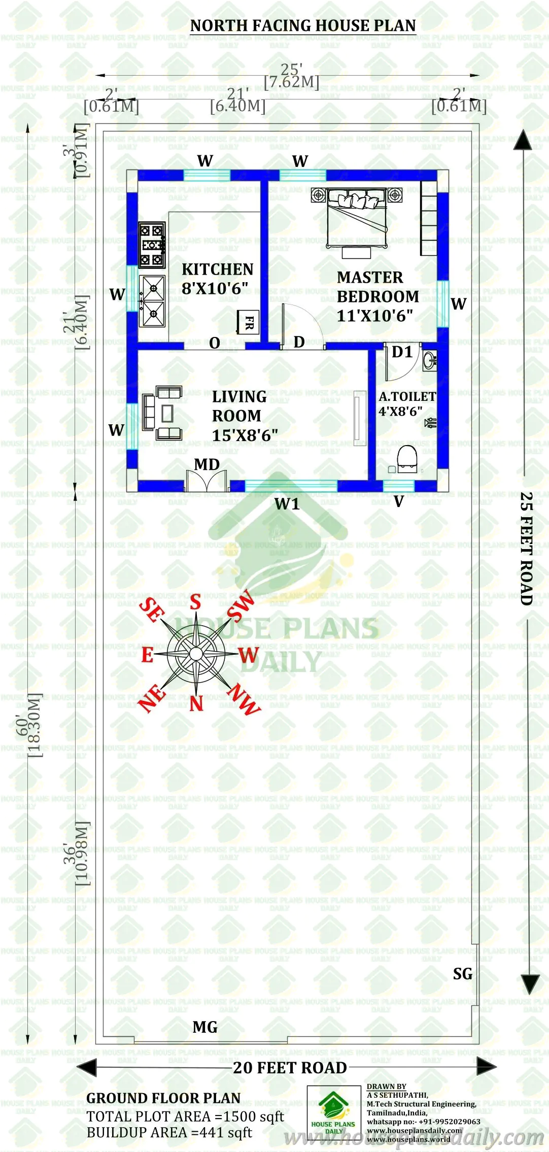 25x60 North Facing 1BHK House Plan | 25x21 Ground Floor Vastu Design