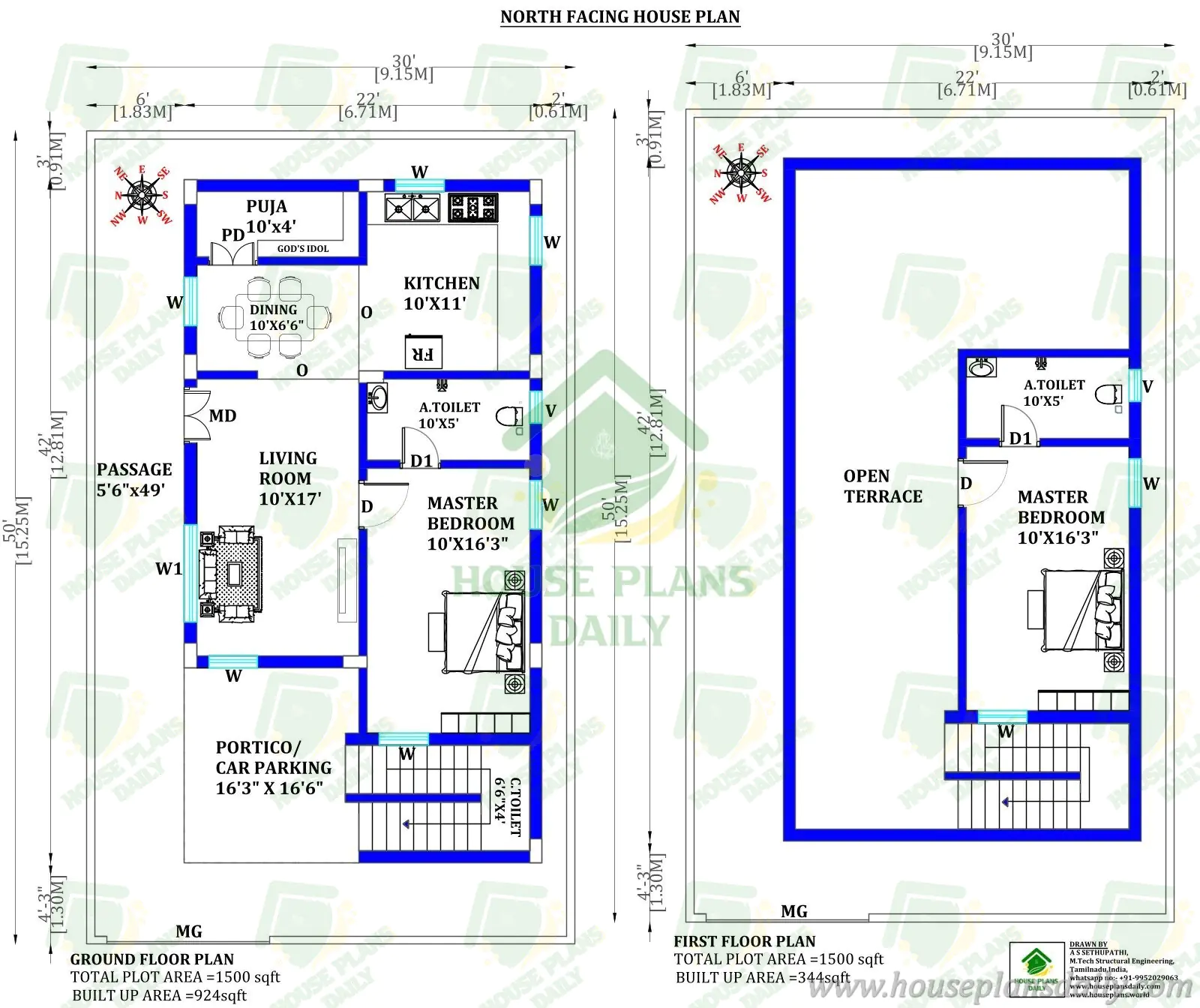 30x50 North Facing 2BHK House Plan | 1500 Sqft G Plus 1 Vastu Design