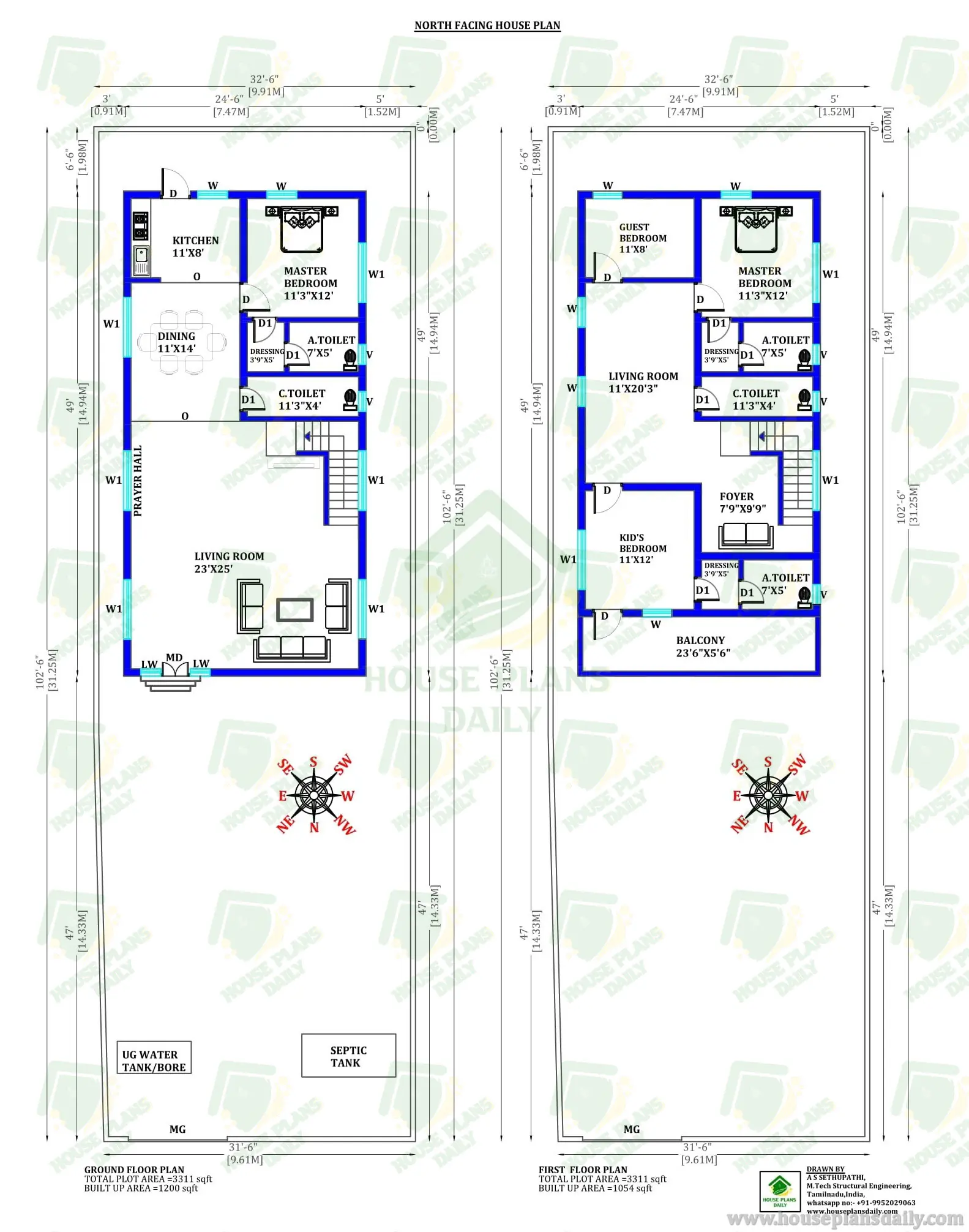 FOUR BEDROOM NORTH FACING DUPLEX HOUSE PLAN