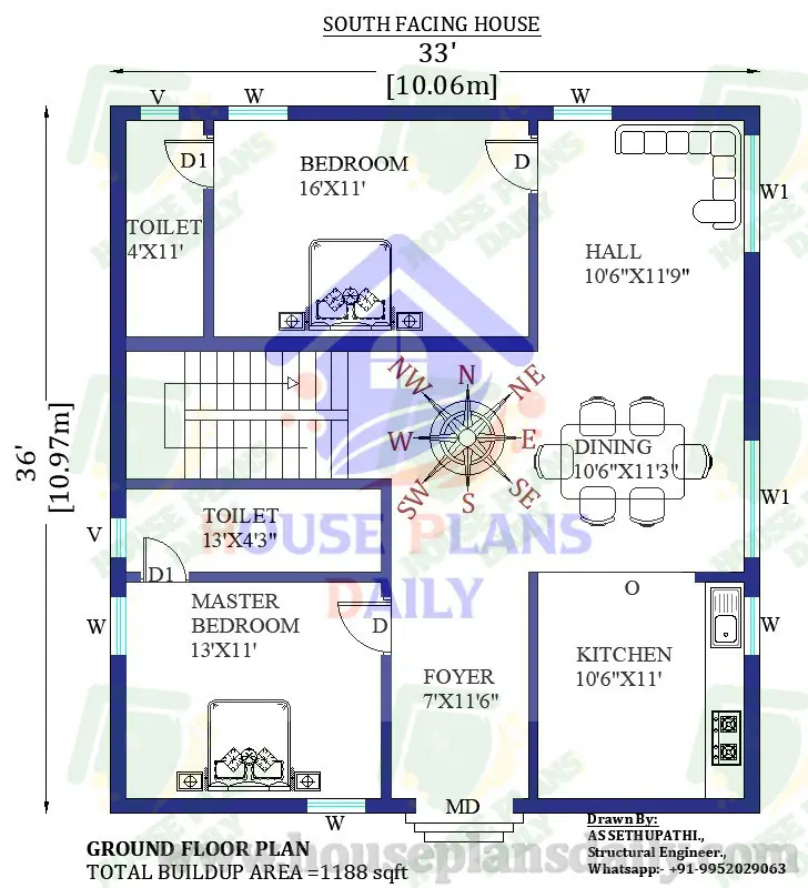 33x36 South Facing house plan with furniture design