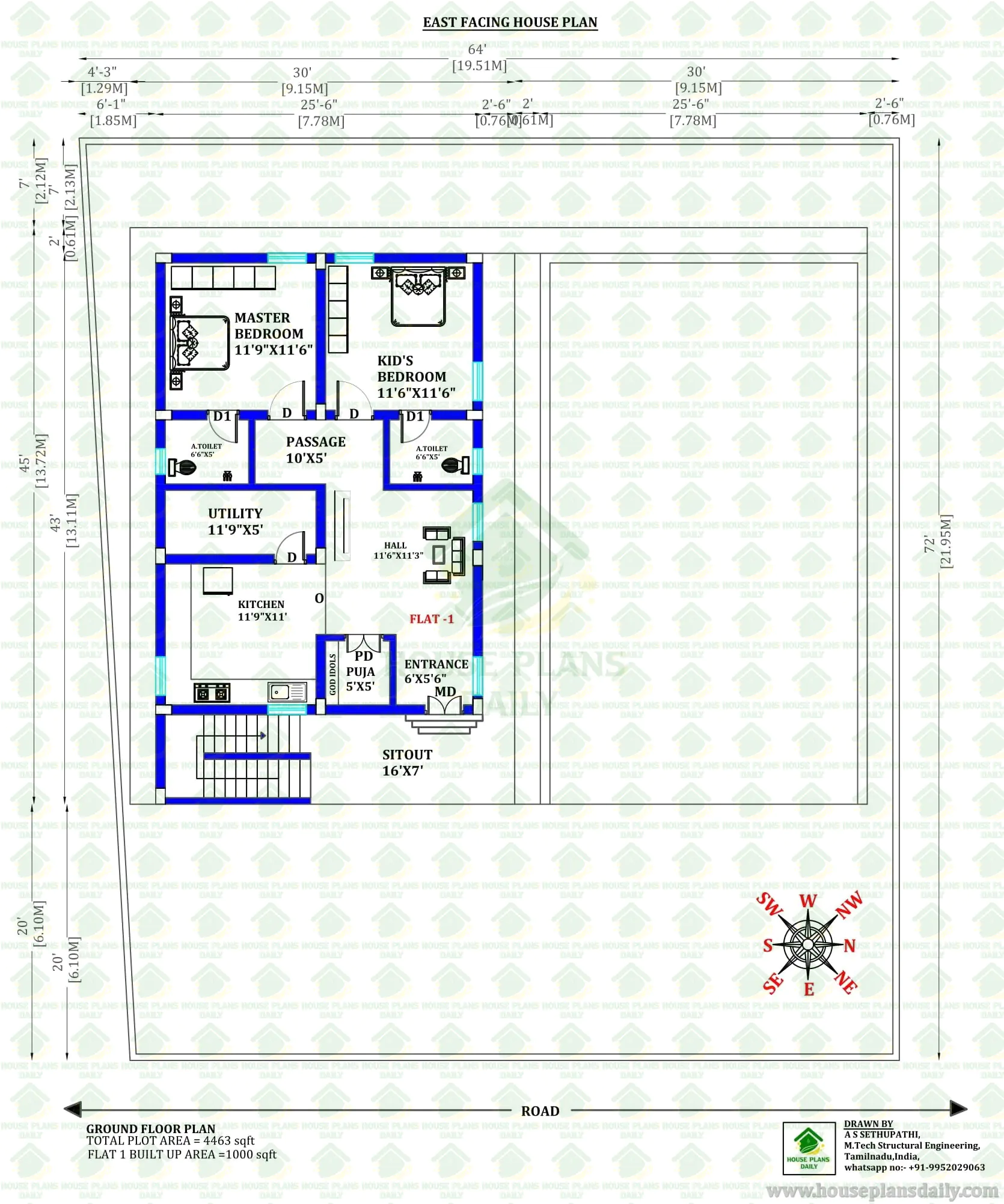 4463 Sqft East Facing 2BHK Ground Floor House Plan