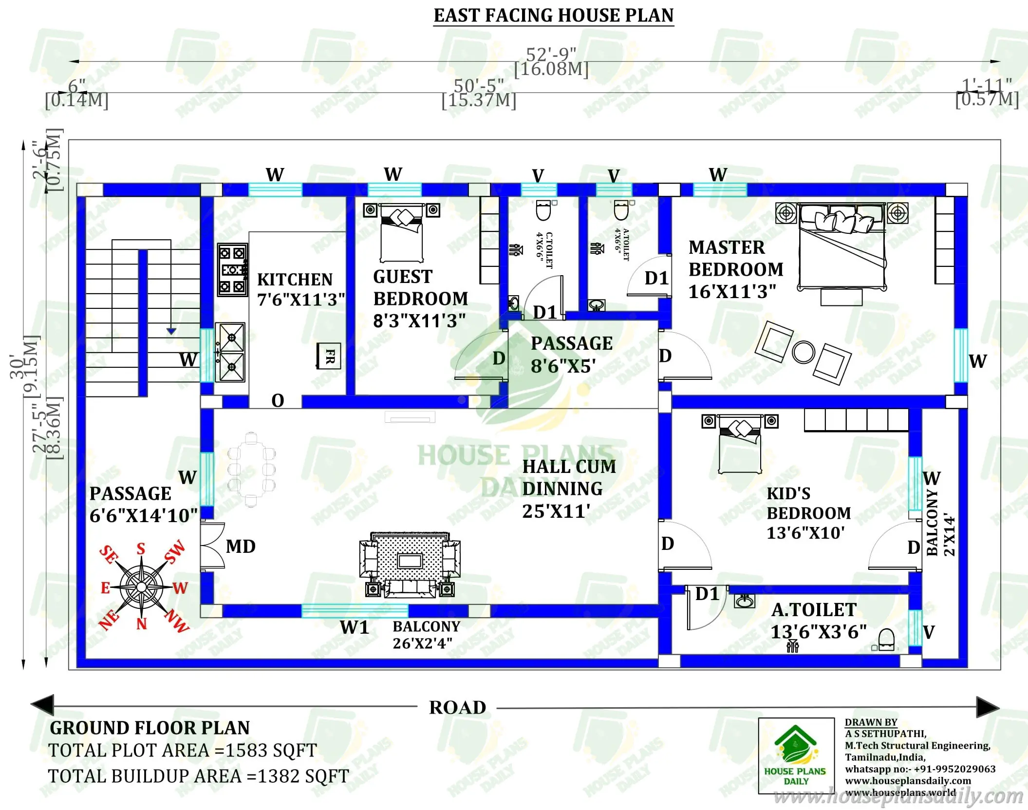 East Facing 3BHK Single Storey House Plan | 1600 Sq Ft Floor Plan