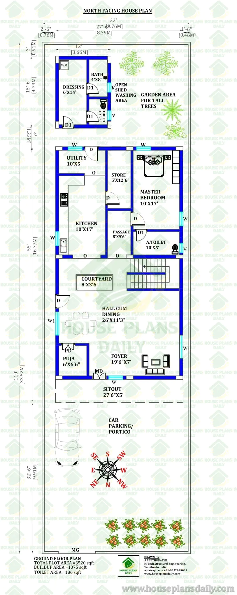 3520 Sqft North Facing 1BHK Vastu Ground Floor House Plan
