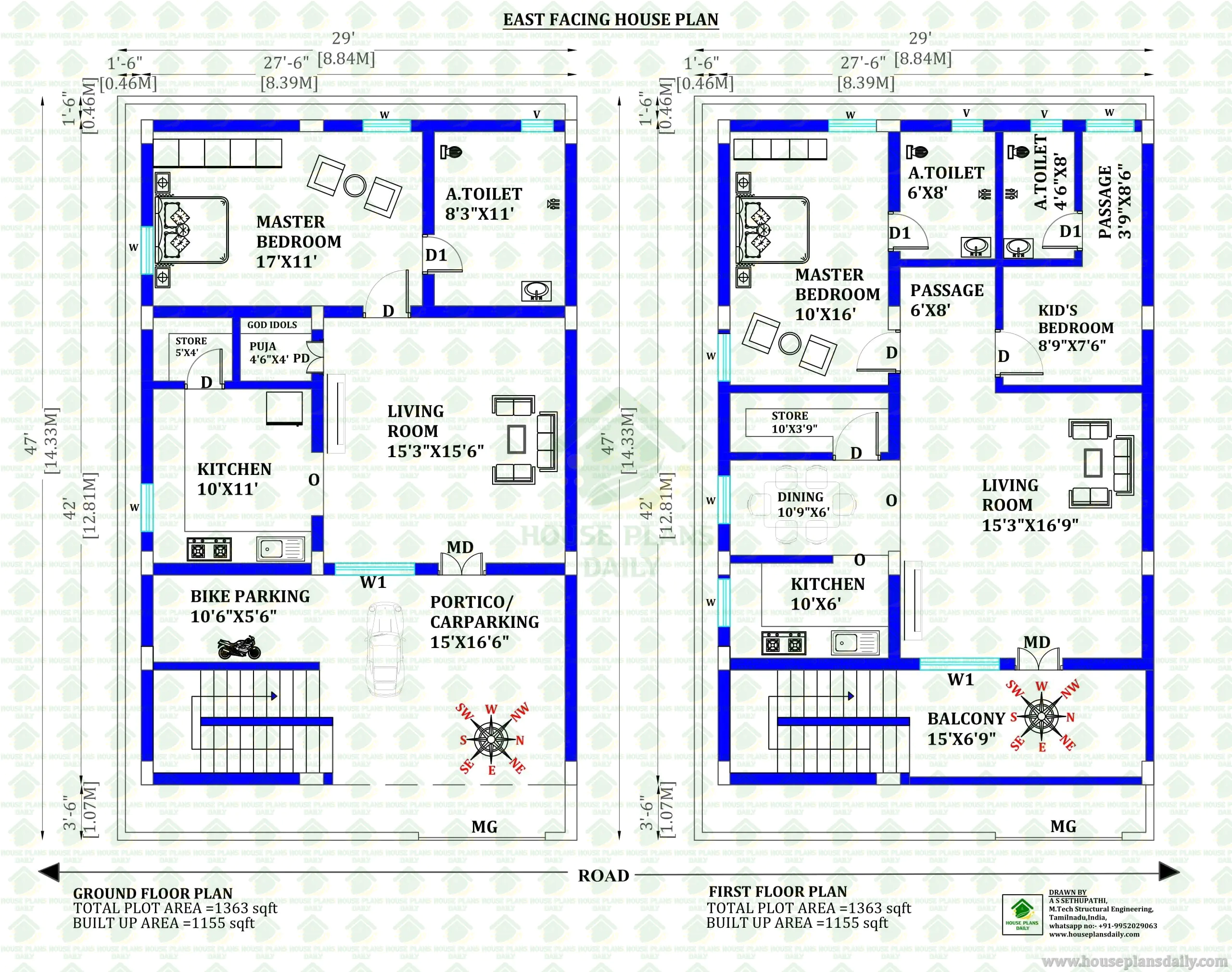 29x47 East Facing 1bhk and 2bhk House Plan Vastu Design