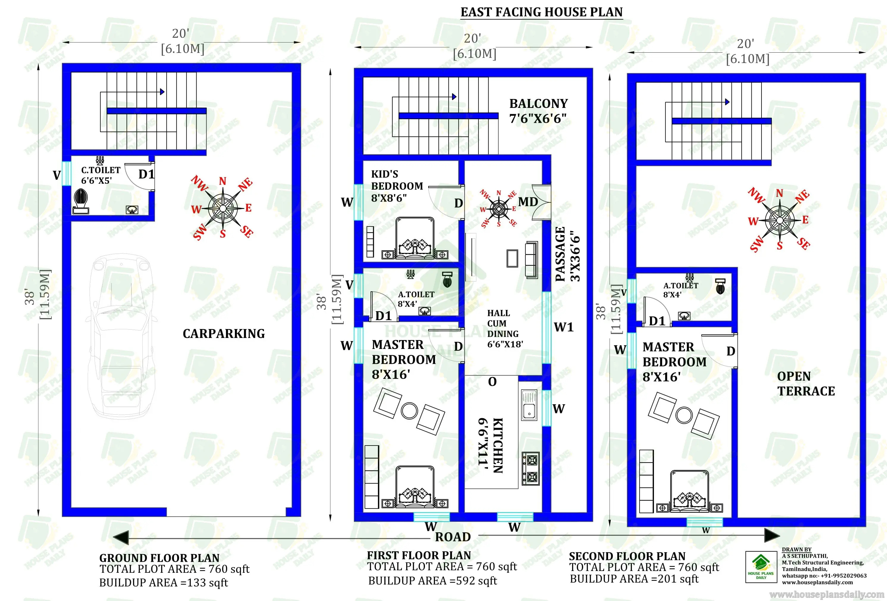 EAST FACING HOUSE PLAN WITH CAR PARKING | 20X38 HOUSE DESIGN