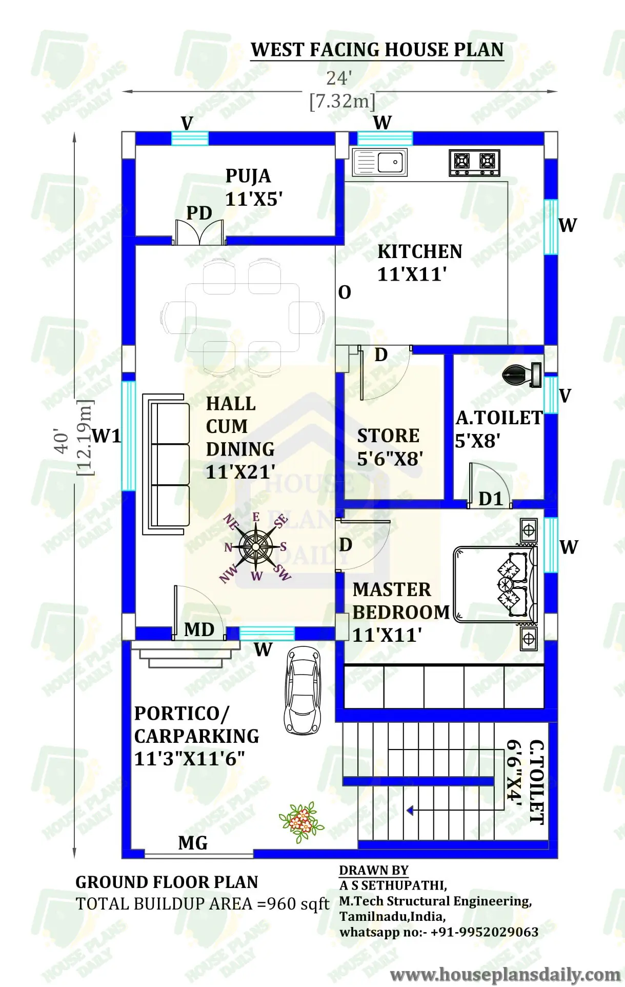 24x40 West Facing Vastu House Plan