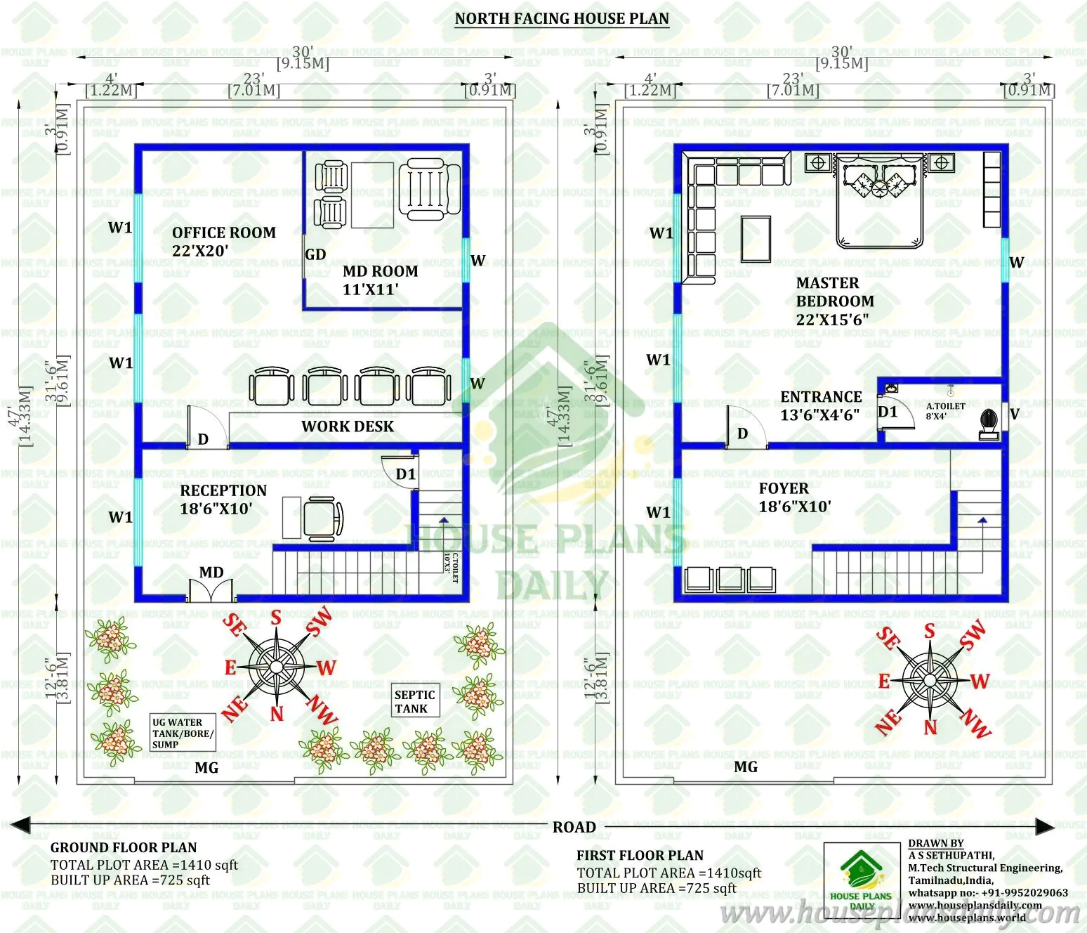 Office Cum Guest Room Plan | 1410 Sq Ft Plot 725 Sq Ft Design