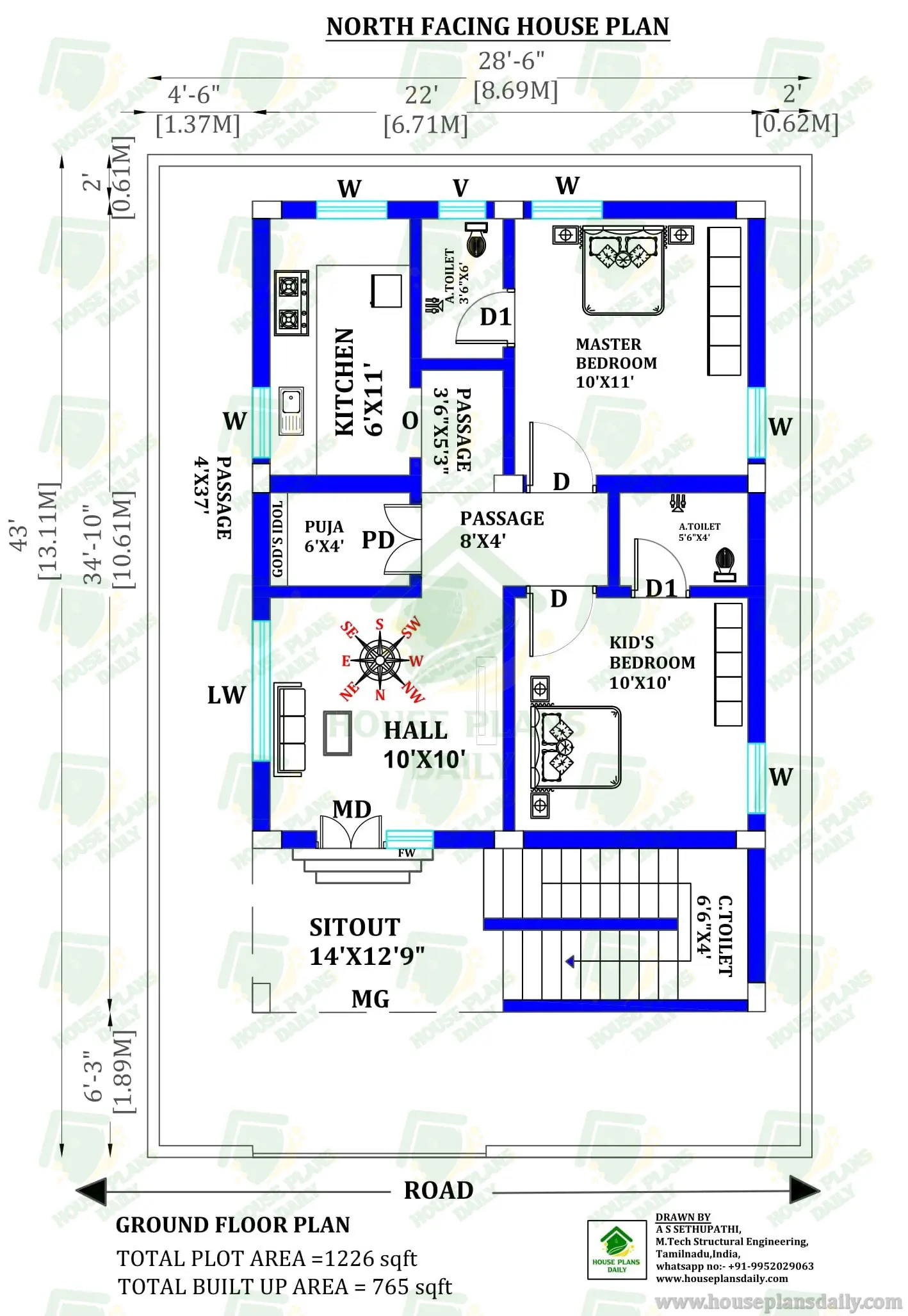 North Facing 2BHK House Plan | Vastu-Compliant Small Plot Home Design